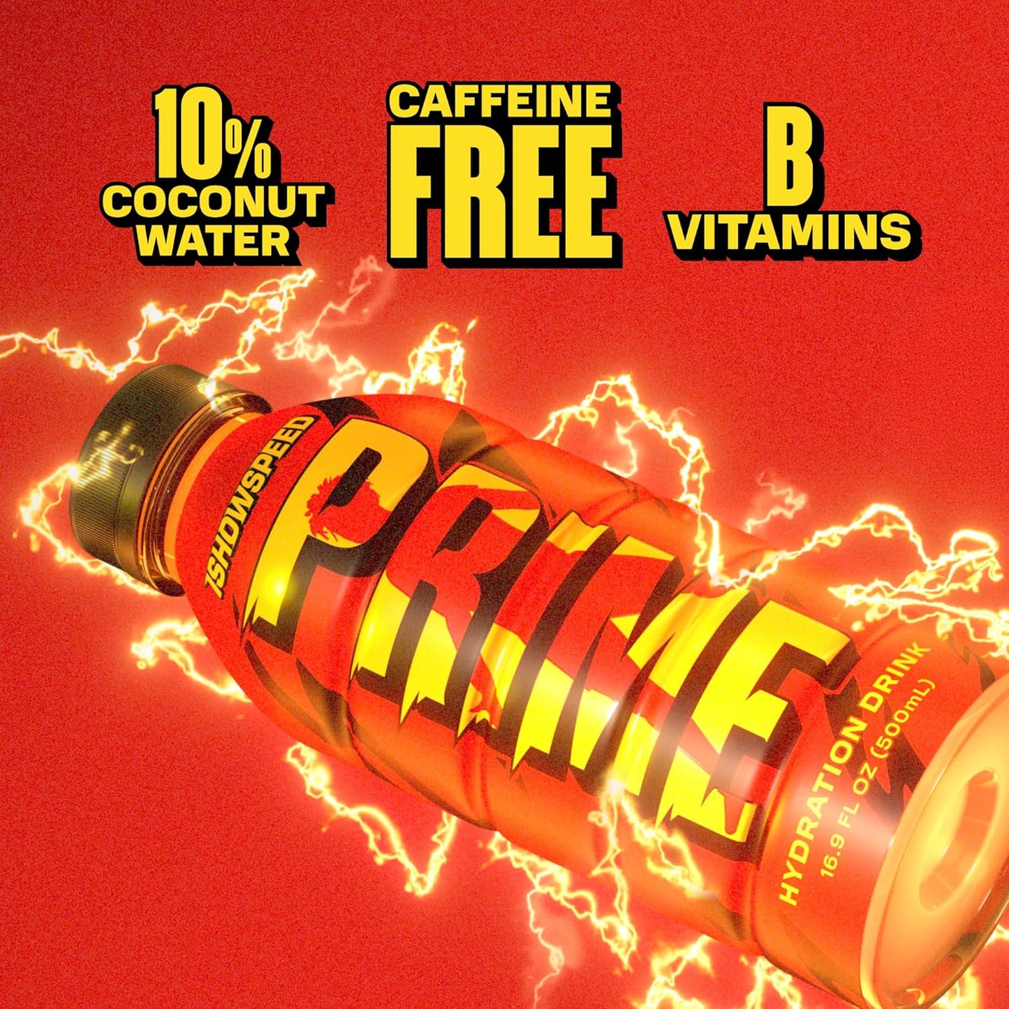 PRIME Hydration ISHOWSPEED, Sports Drinks, Electrolyte Enhanced for Ultimate Hydration, 250mg BCAAs, B Vitamins, Antioxidants, Low Sugar, 16.9 Fl Oz, 12 Pack