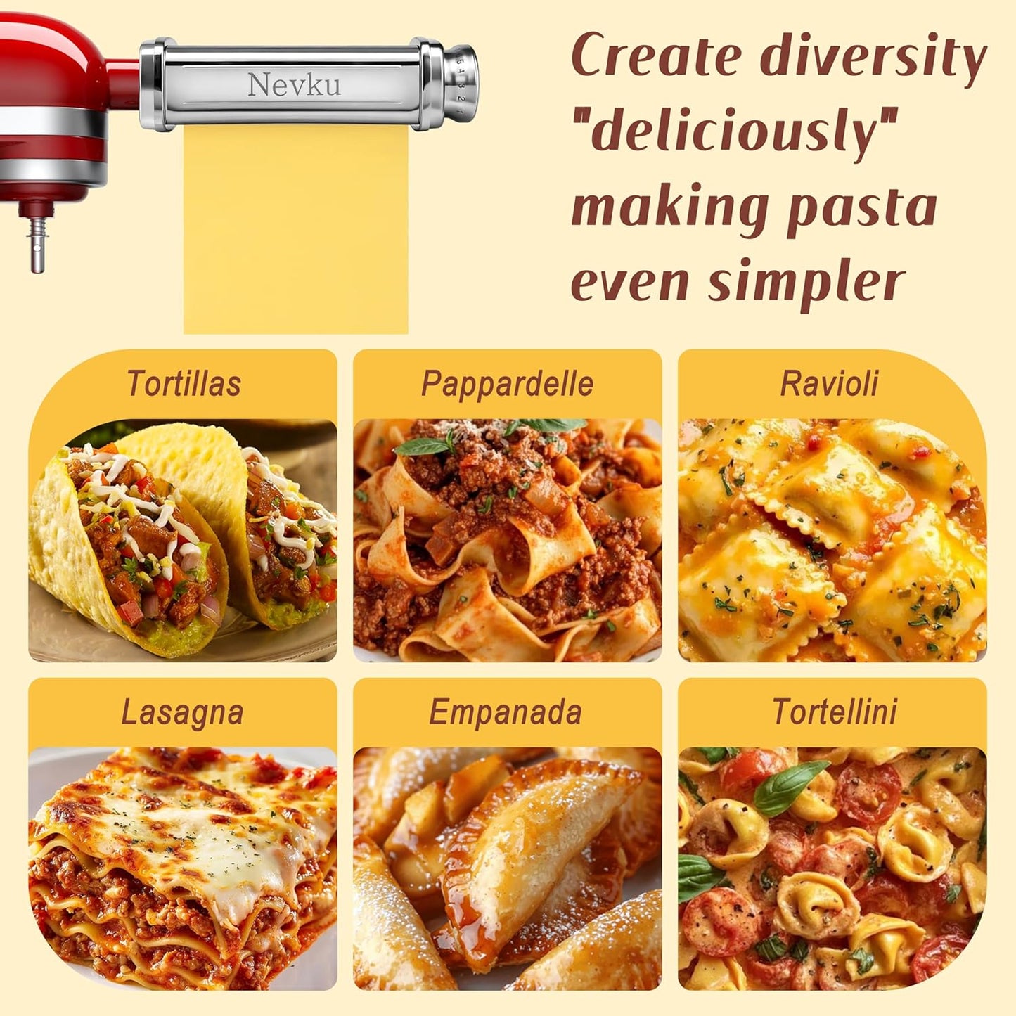 Pasta Roller Attachment for KitchenAid Stand Mixer, Stainless steel Pasta Roller Attachment with 8 Adjustable thickness knob, Stainless Steel Pasta Maker accessory Machine