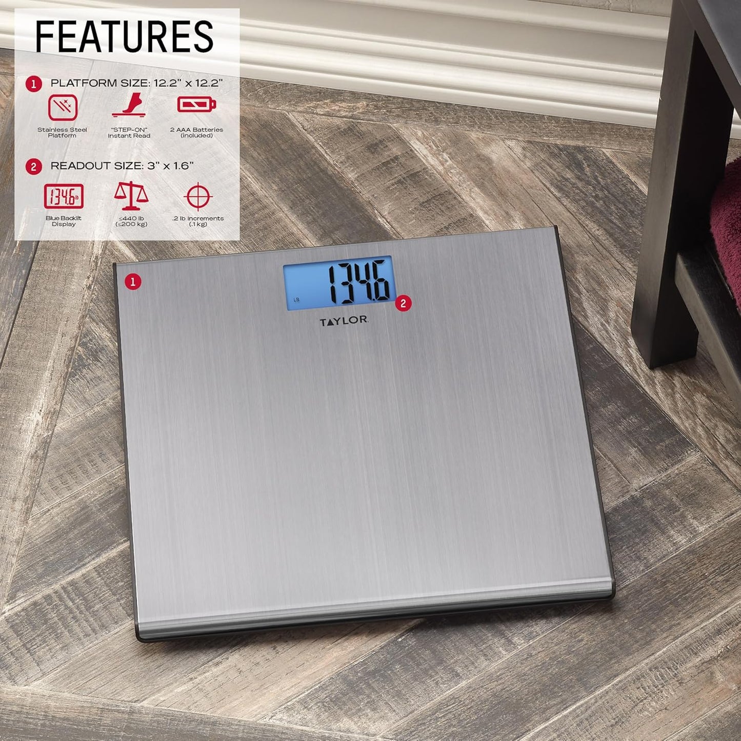 Taylor Digital Scales for Body Weight, Extra-High 440 lb Capacity, Thin Profile, Unique Blue LCD, Glass Platform, 12.2 x 12.2 Inches, Stainless Steel