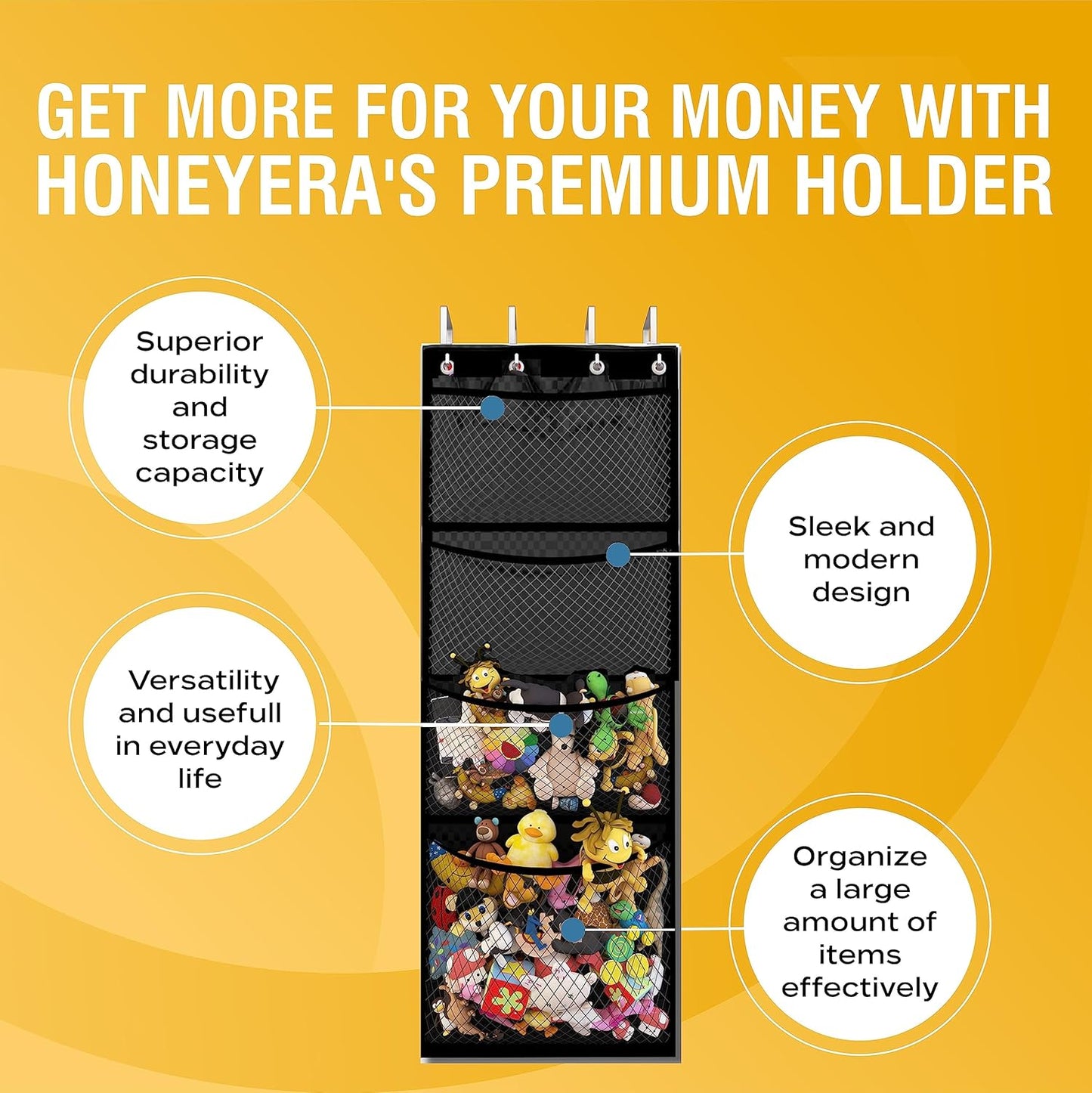 Honeyera The Original Stuffed Animal Storage (Patented) - Over Door Organizer for Stuffies, Toy Plush/Hammock Baby Hanging Storage Net Big Girls Toddler Large Bag Animals (Black)