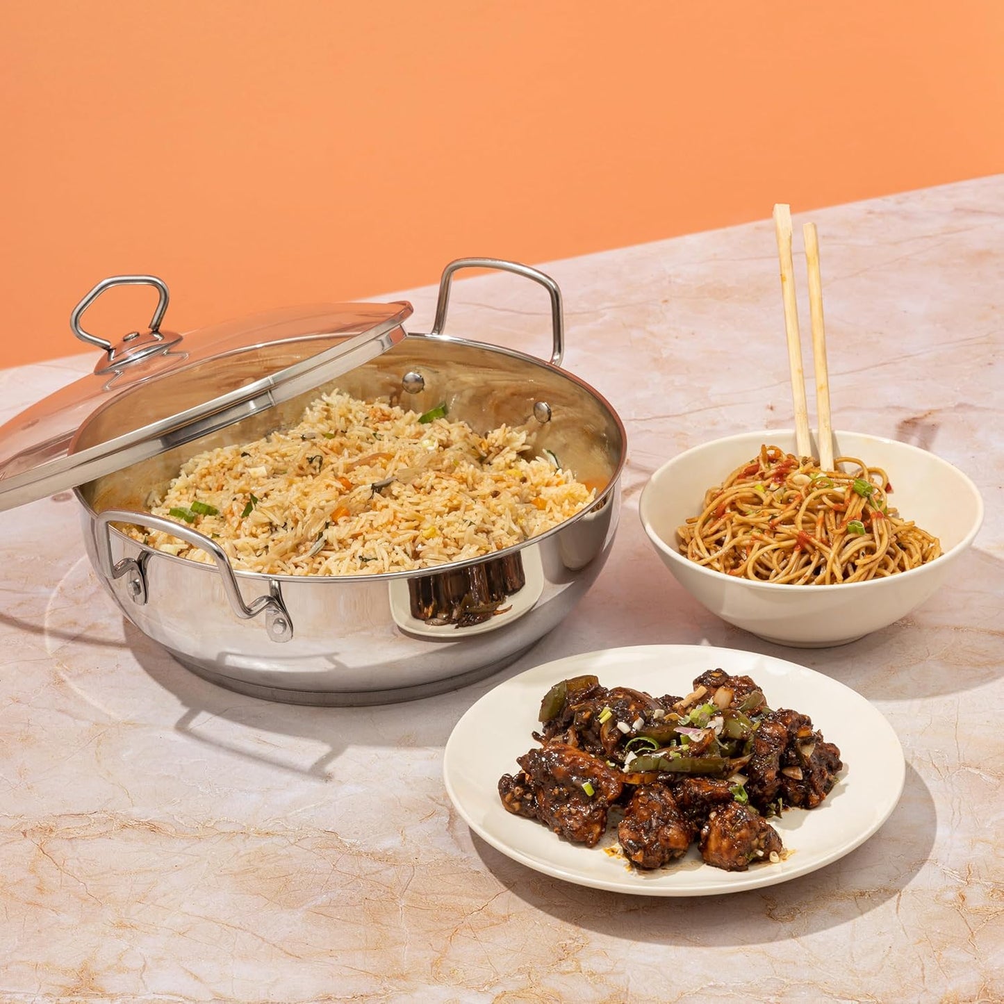 Vinod Stainless Steel Kadai with Glass Lid Extra Thick SAS Heavy Base Kadai for Cooking Induction and Gas Compatible 125 oz 10.14 in 2-Year Silver