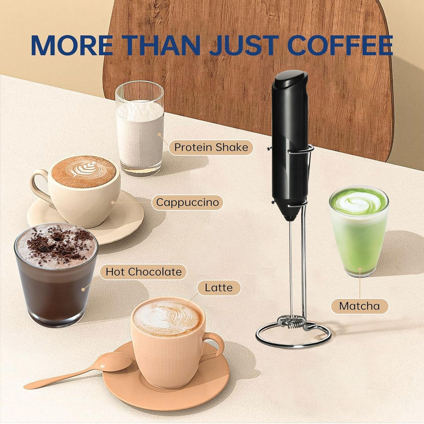 YSSOA Electric Milk Frother Handheld with Stainless Steel Stand Battery Operated Whisk Drink Mixer for Coffee, Frappe, Latte, Matcha, Hot Chocolate, Black 2 Pack