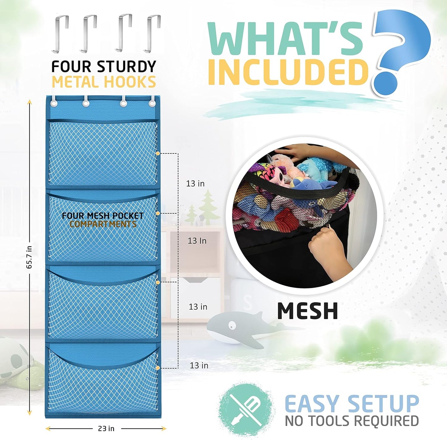 Honeyera Storage for Stuffed Animal - Over Door Organizer for Stuffies, Baby Accessories, and Toy Plush/Easy Installation with Breathable Hanging Pockets