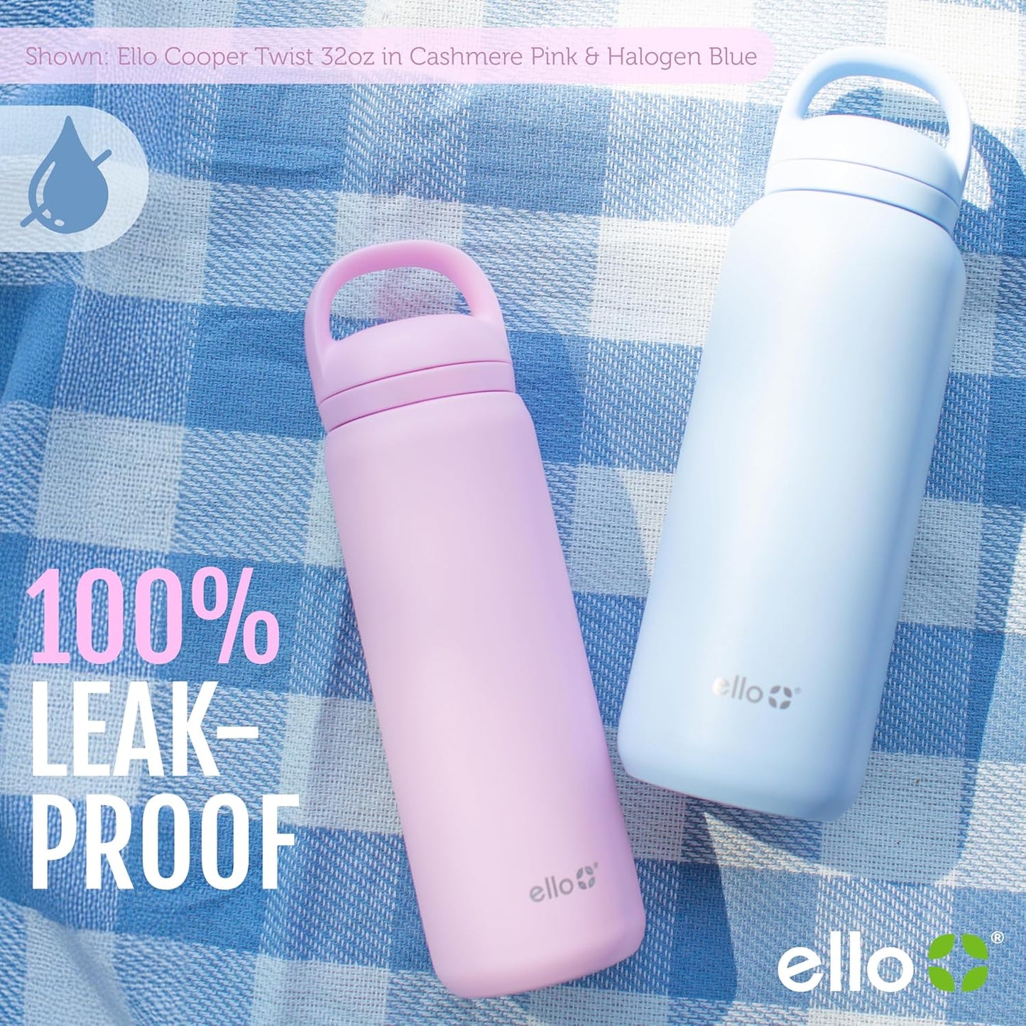 Ello Cooper Twist 32oz Stainless Steel Water Bottle with Chug Lid | Leak Proof | Double Walled and Vacuum Insulated | Built in Carry Loop | Dishwasher Safe | Bubblegum Pink