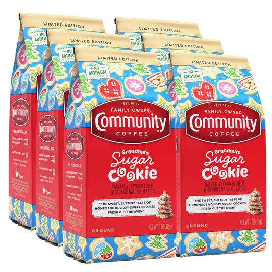 Community Coffee Grandma's Sugar Cookie Ground Coffee, Limited Edition Holiday Flavor, Natural Ingredients, 11 Ounce (Pack of 6)