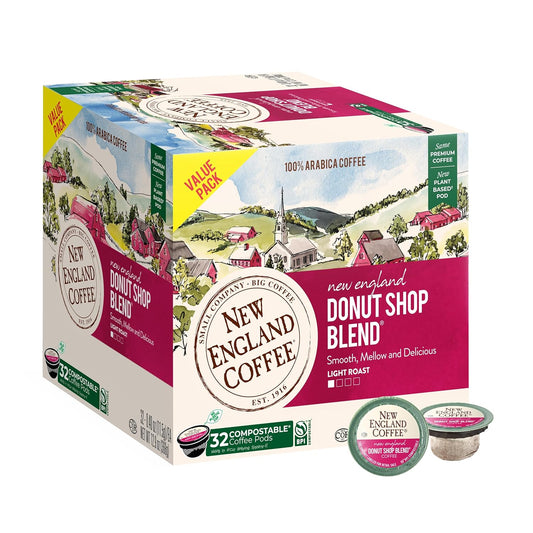 New England Coffee Donut Shop Blend Light Roast Single Serve Pods, 32ct Box (Pack of 1)