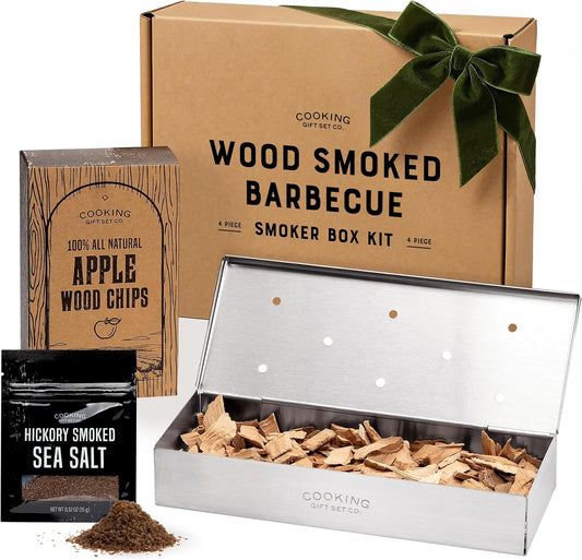 BBQ Smoker Box Kit – Stainless Steel Smoker with Hinged Lid, Apple Wood Chips, Hickory Salt – Grilling Accessories and Grilling Gifts for Men – Great Birthday Gifts for Men Who Love to BBQ
