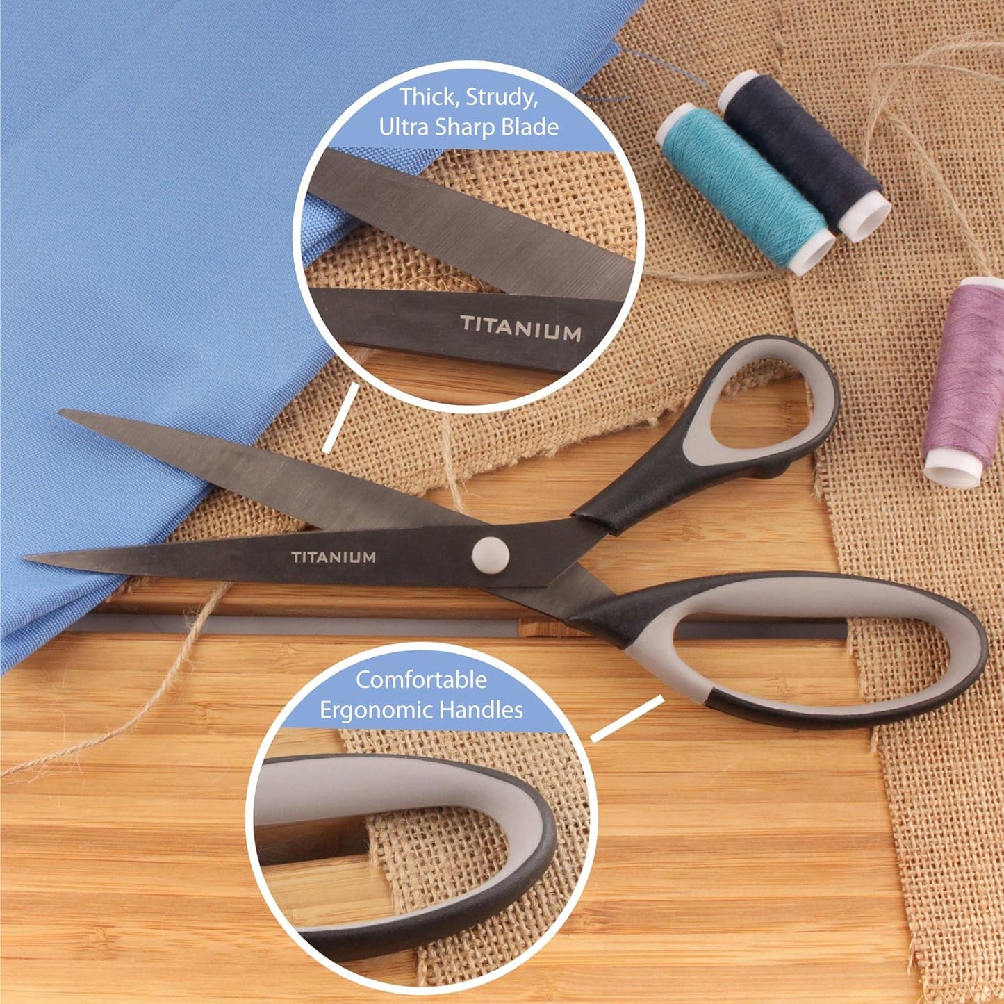 BambooMN Titanium Softgrip Scissors Set - Pinking, Sewing, Arts, Crafts, Office - 10 Sets of 4 - Black w/Grey Inlays