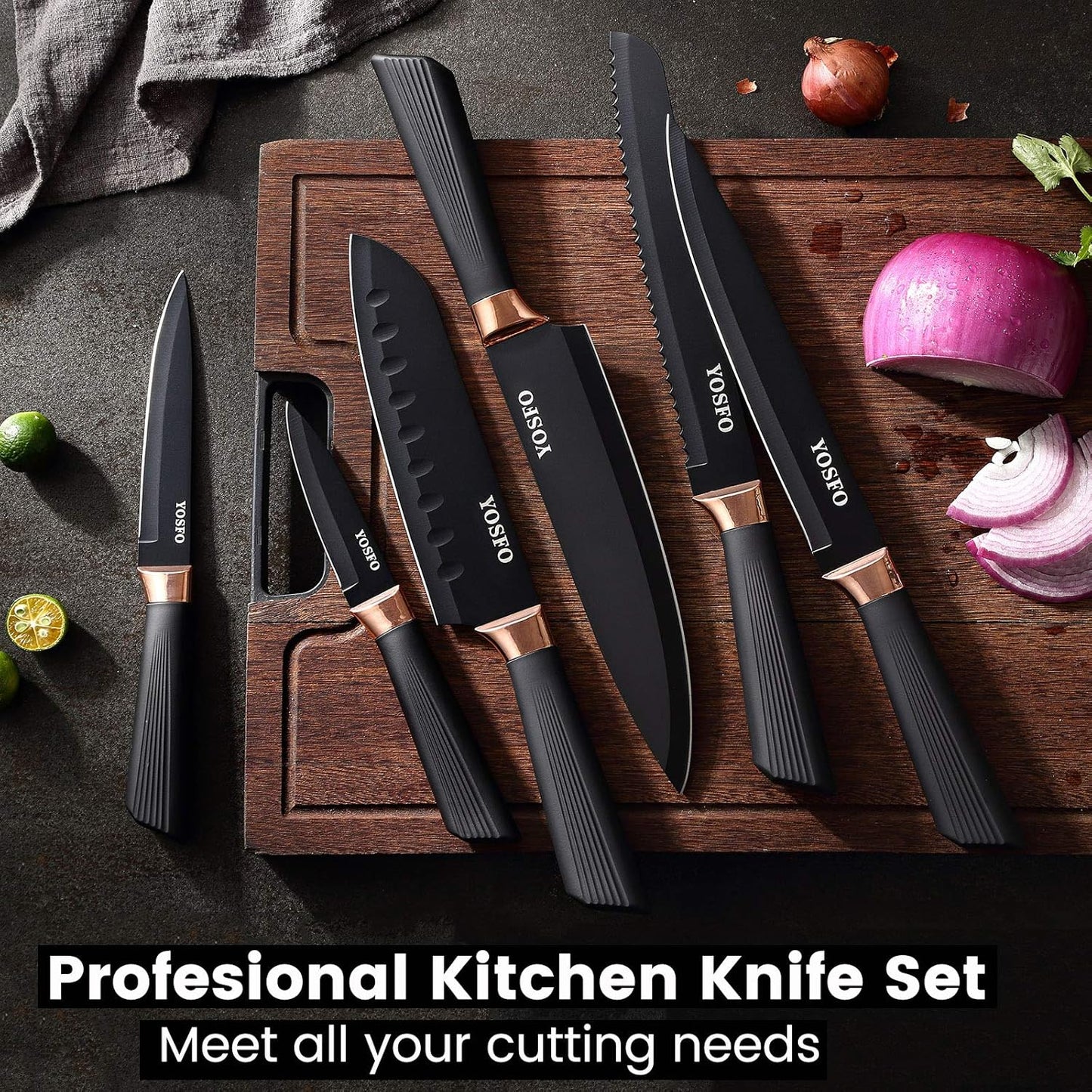 Kitchen Knife Sets with Block and Sharpener, 17Pcs Stainless Steel Knife Set includes Serrated Steak Knives Set, Chef Santoku Knives, Scissor, Knife Holder (Black Knife Set with Block)