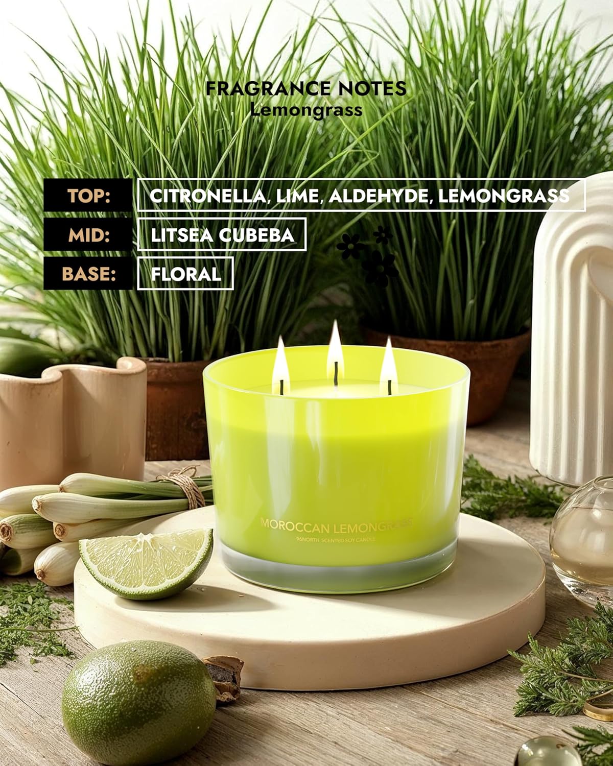 96NORTH Luxury Lemongrass Candle | Large 3-Wick Jar Candle | Up to 40 Hours Burning Time | 100% Natural Soy Wax | Relaxing Aromatherapy Aesthetic Candle | Housewarming Gift for Men and Women