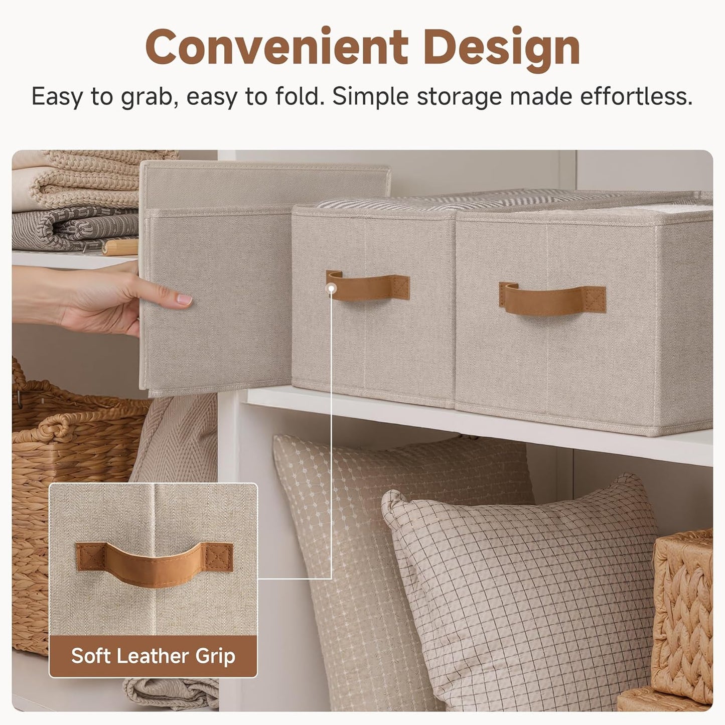 SroageWorks Storage Baskets for Shelves, Foldable Fabric Closet Storage Bins with Handles, Clothes Organizer Laundry Baskets, Brown & Beige, 3-Pack, Large