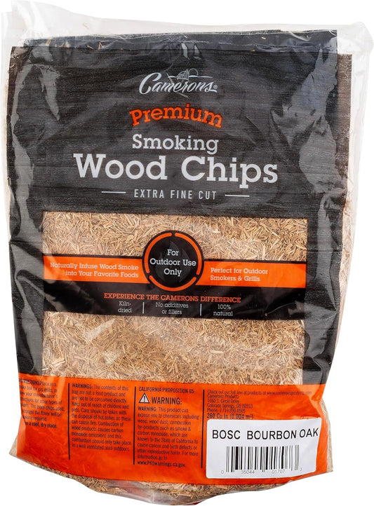 Camerons All Natural Extra Fine Bourbon Oak BBQ Wood Chips -260 Cu. In. Bag, Approx 2 lbs- Kiln Dried Sawdust Shavings for Cocktail Smoking Guns, Smokers, Smoke Boxes - Barbecue Grilling Gifts for Men
