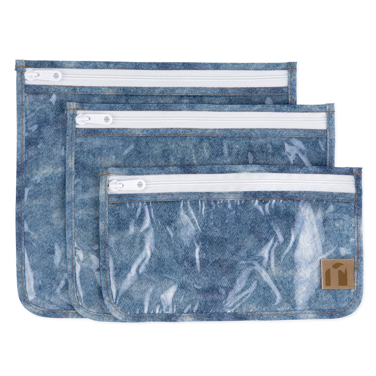 Roamio Travel Bag, Toiletry, TSA Approved Pouch, Zip Quart Size Airline Compliant, Clear-Sided, Baby, Diaper Bag Organization, Makeup, Accessories, Carry On Packing, Set of 3 Sizes, Faux Denim