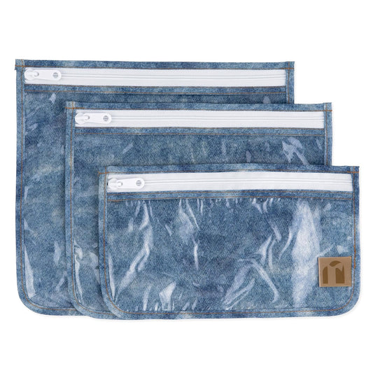 Roamio Travel Bag, Toiletry, TSA Approved Pouch, Zip Quart Size Airline Compliant, Clear-Sided, Baby, Diaper Bag Organization, Makeup, Accessories, Carry On Packing, Set of 3 Sizes, Faux Denim