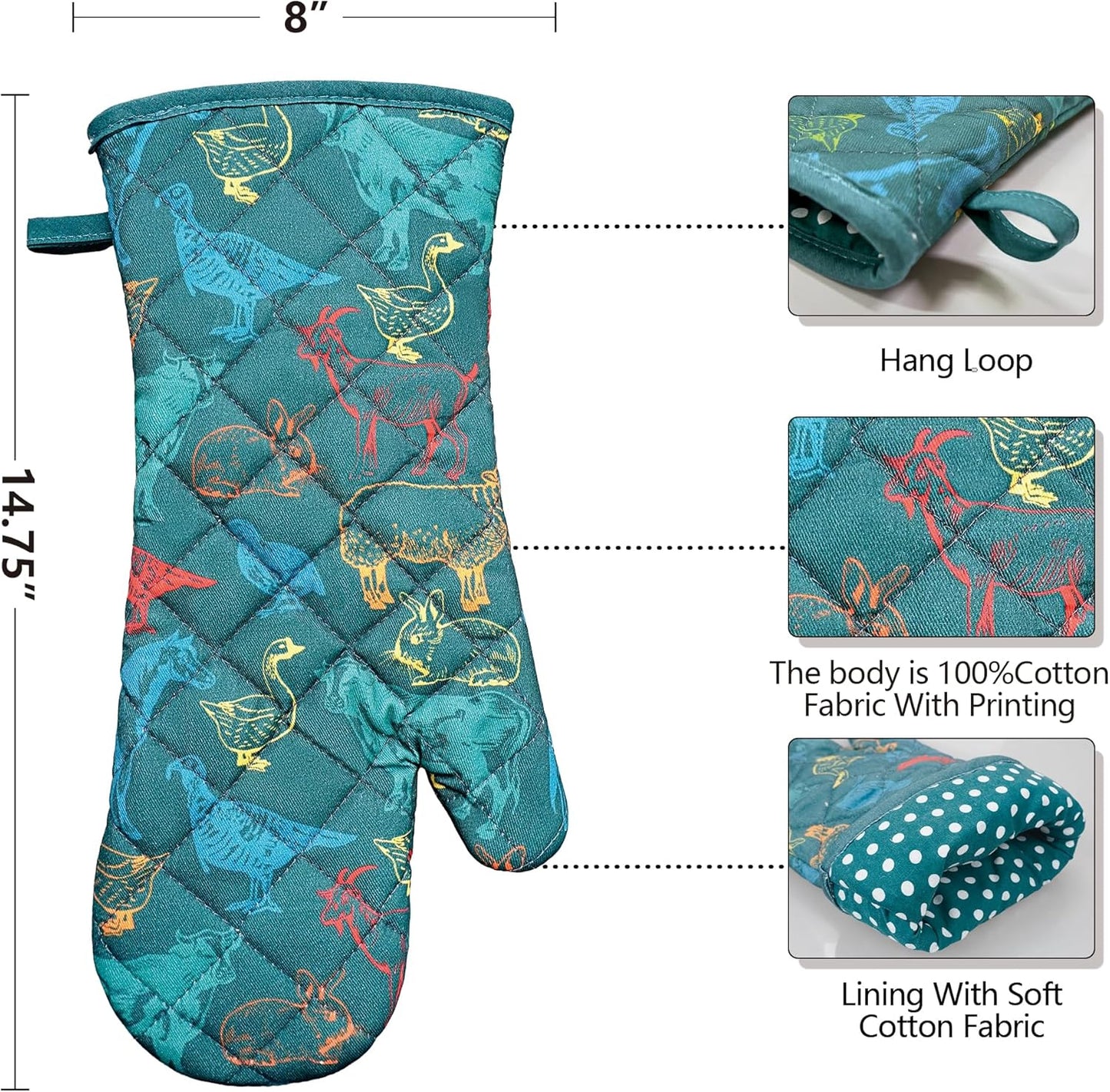 Oven Mitts Cotton Fashion Cute Farm Cattle Design 1pair Heat Resistant Oven Gloves Safe Cooking Baking Grilling Barbecue Machine Washable Pot Holders (Farm Cattle)