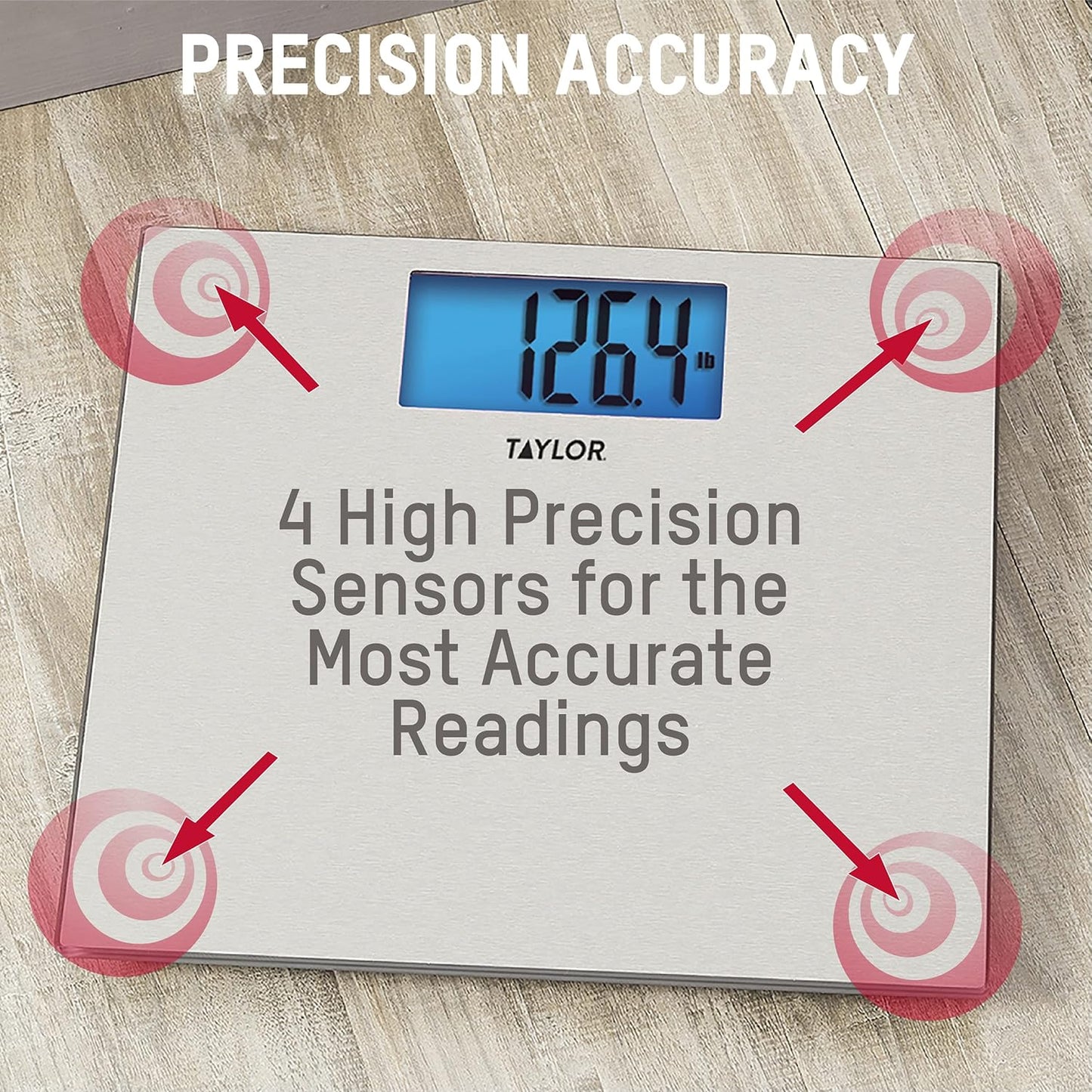 Taylor Digital Scales for Body Weight, Highly Accurate 400 LB Capacity, Unique Blue LCD, Auto on and Off Scale, 11.8 x 11.8Inches, Stainless Steel