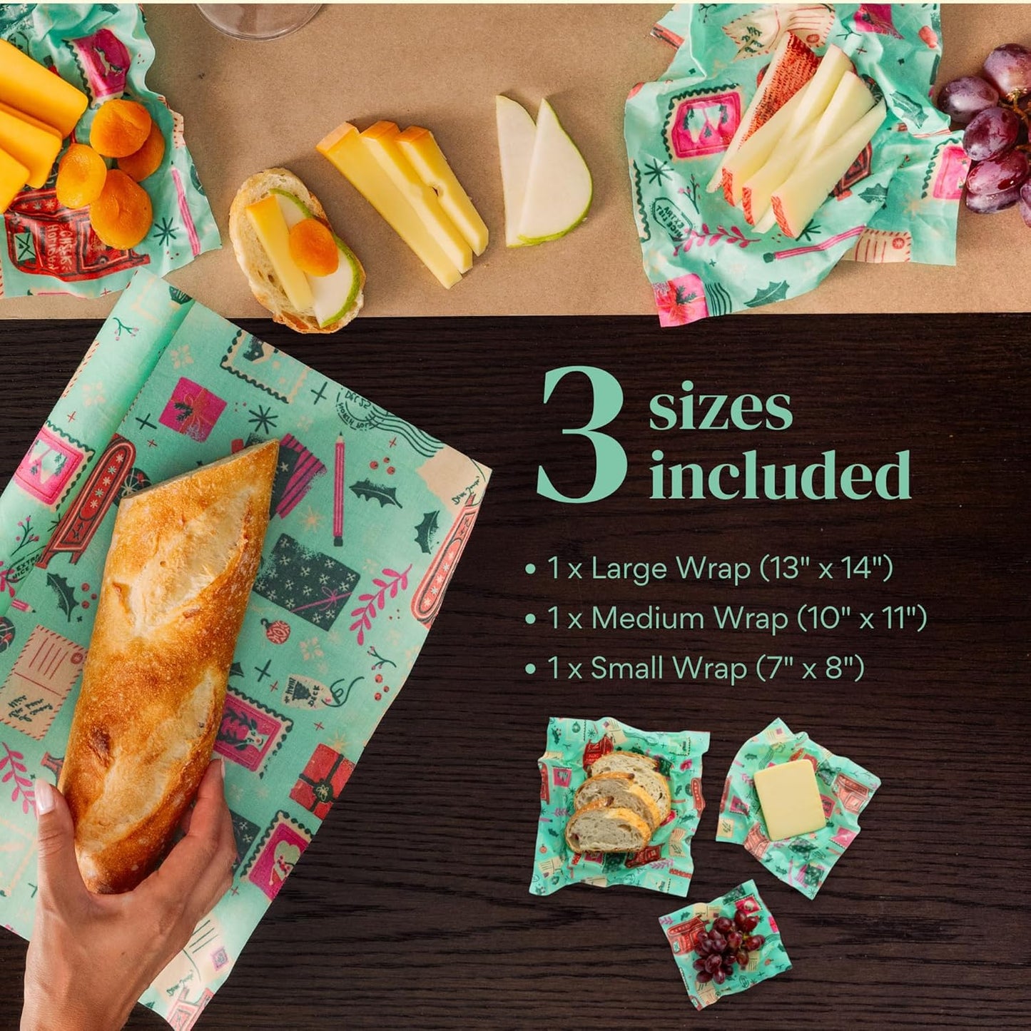 Bee's Wrap Beeswax Wraps for Food - Made in USA Reusable & Organic Food Wraps, Sandwich Wrap & Bowl Covers - Eco-Friendly Alternative to Aluminum Foil, Seasons Greetings 3 Pack (S, M, L)