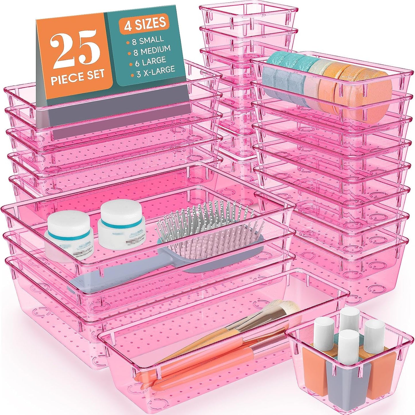 WOWBOX 25 PCS Plastic Drawer Organizer Set, 4 Sizes Desk Drawer Divider Organizers and Storage Bins for Makeup, Jewelry, Gadgets for Kitchen, Bedroom, Bathroom, Office, Clear Pink