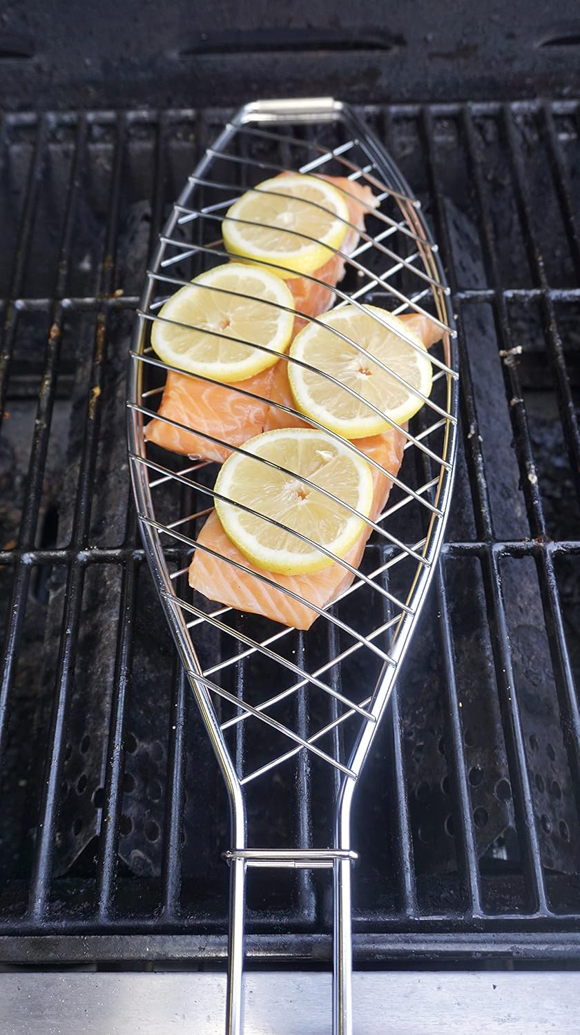 RSVP International Endurance® BBQ Basket, 6" x 14.75" | Fits 1 Whole Fish or Multiple Fillets | Made from Stainless Steel w/ Rosewood Handle | Holds Fish in Place for Perfect Roasting,Silver