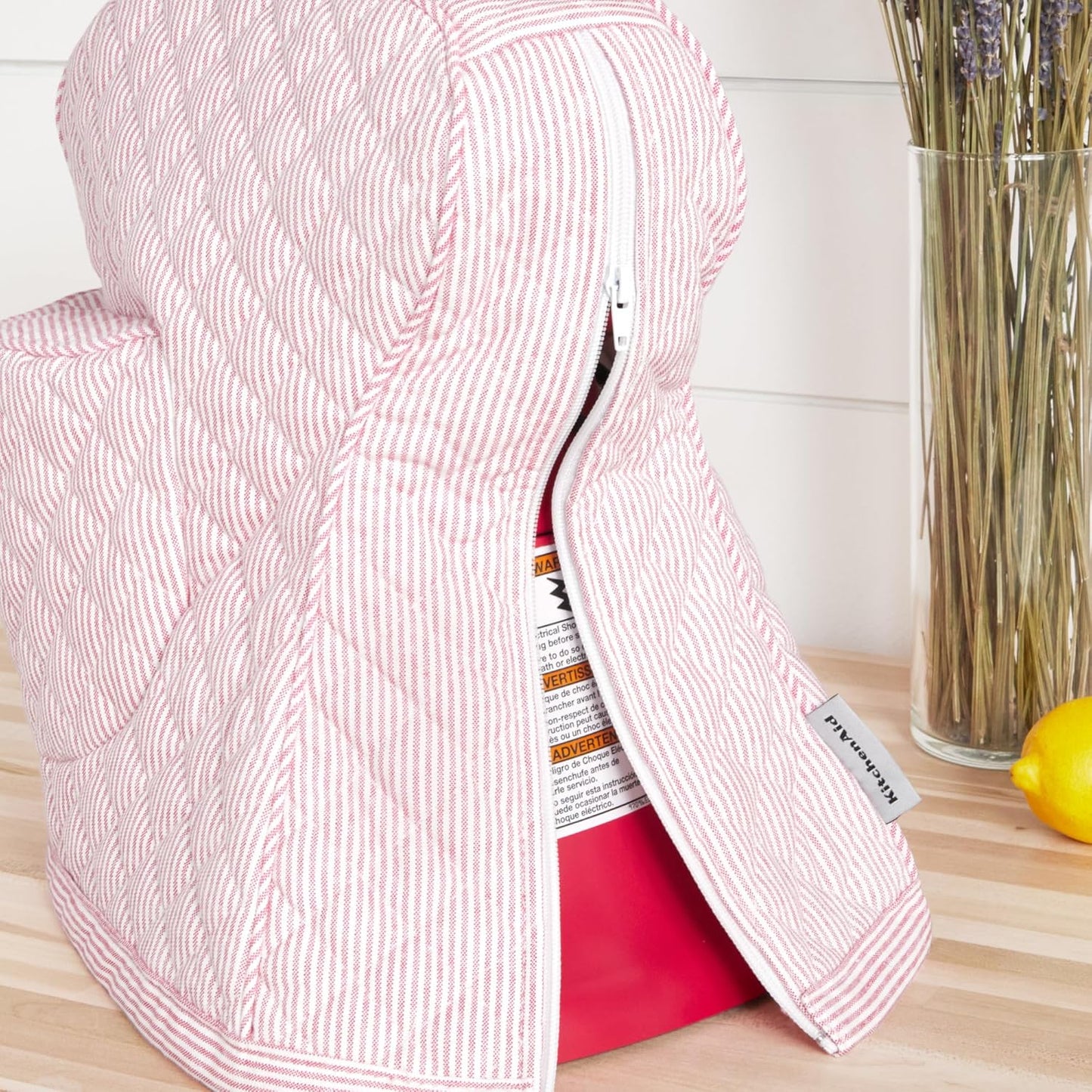 KITCHENAID Fitted Tilt-Head Stand Mixer Cover with Storage Pocket, Quilted 100% Cotton,14.4"x18"x10", Ticking Stripe Hibiscus Pink