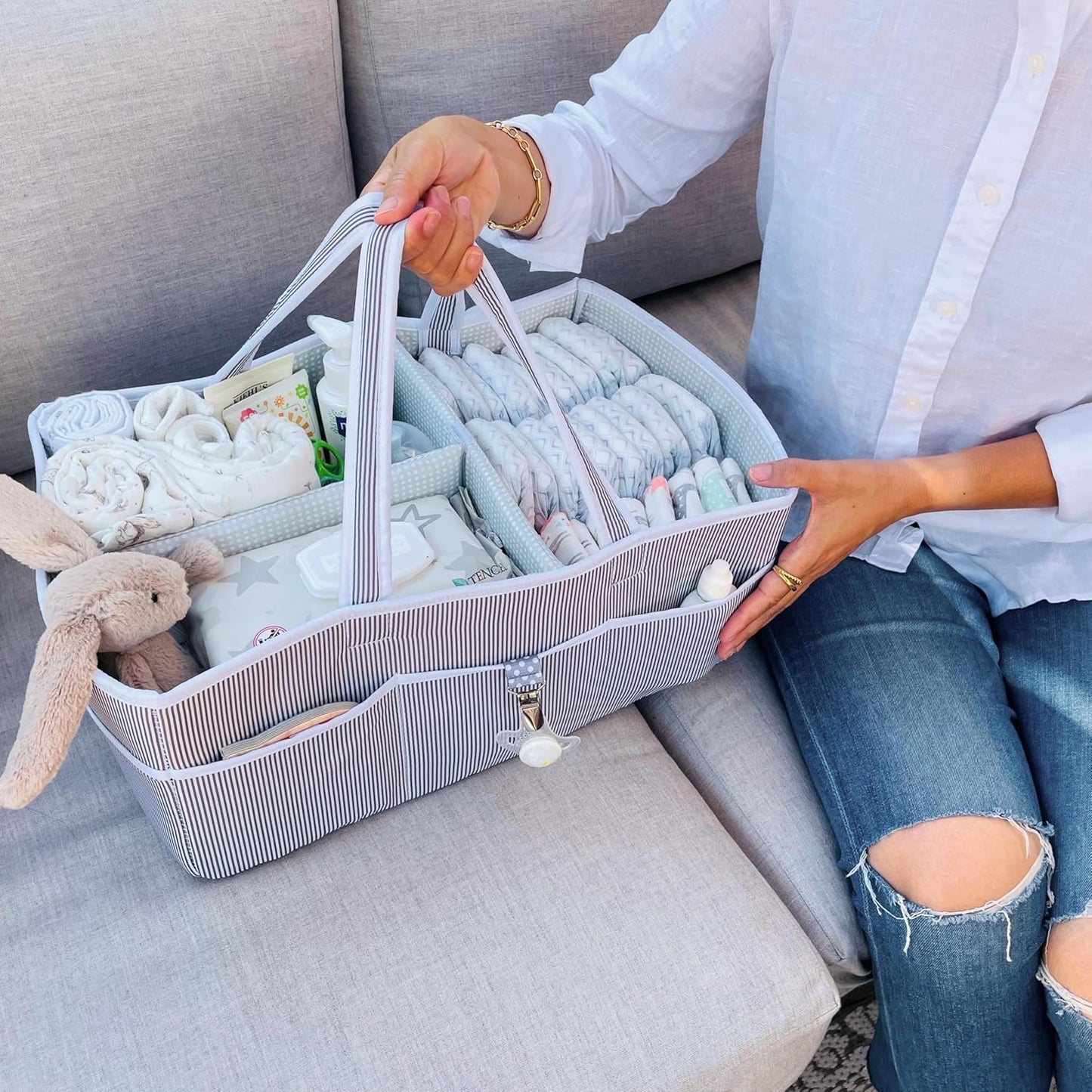Lily Miles Baby Diaper Caddy - Organizer Tote for Infant Boy or Girl - Baby Shower Basket - Nursery Must Haves - Registry Favorites - Newborn Caddie Car Travel - Gray/Mint, Extra Large