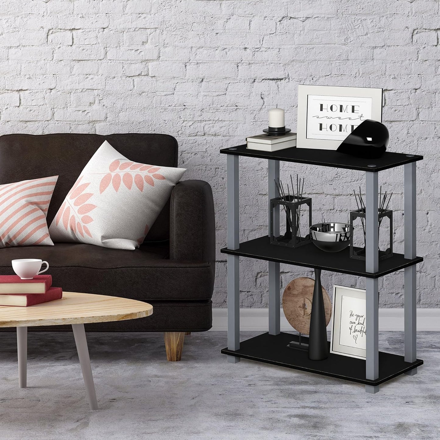 Furinno TURN-S-TUBE Storage Shelves, 3-Tier Book Shelf, Corner Shelf, Toolless Open Shelves, for Organization and Storage, Living Room, Garage, Home Office, Black