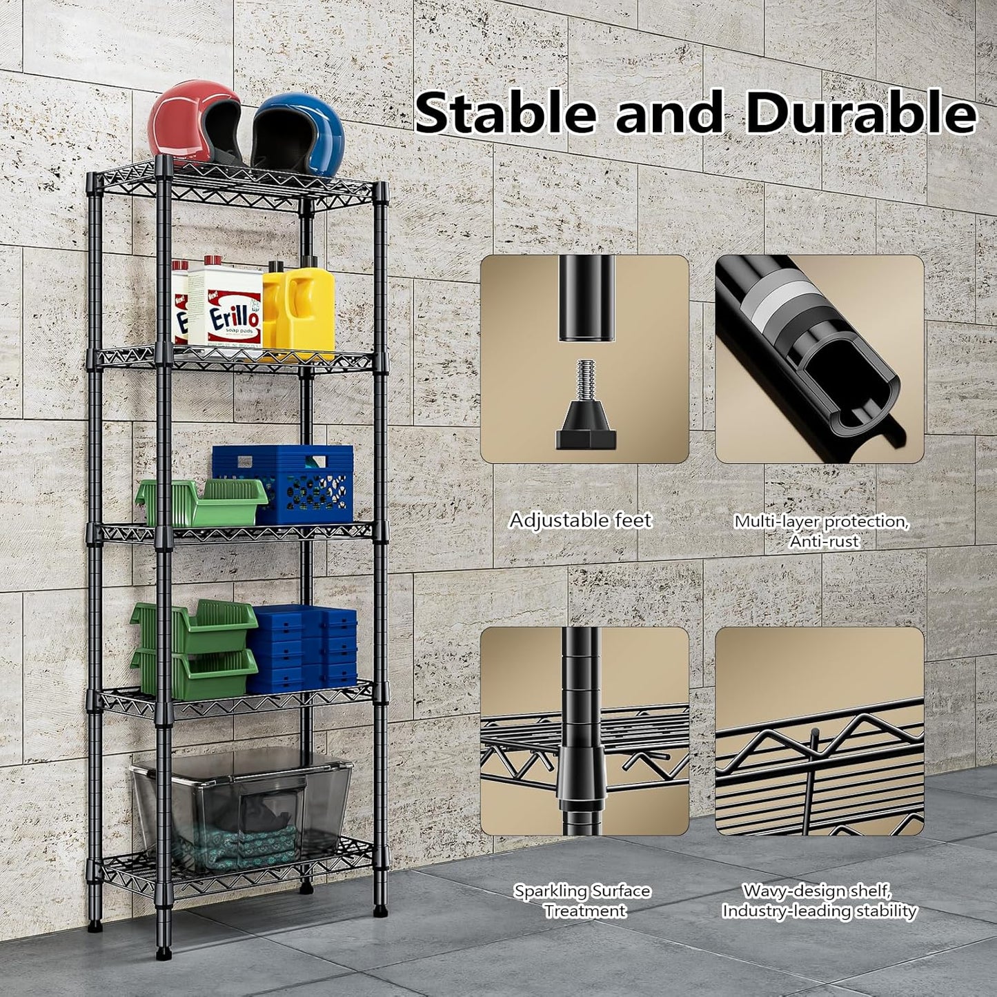 450 lbs Storage Shelves 5 Tier Shelving Units for Storage, Steel Organizer Wire Rack, Adjustable Height, Wire Shelving Unit for Bathroom Kitchen Closet, Black 11.8" D x 21.7" W x 58.3" H