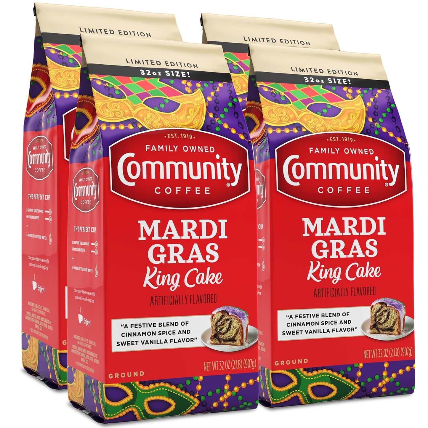 Community Coffee Mardi Gras King Cake Flavored Medium Roast Ground Coffee, 32 Ounce Bag (Pack Of 4)