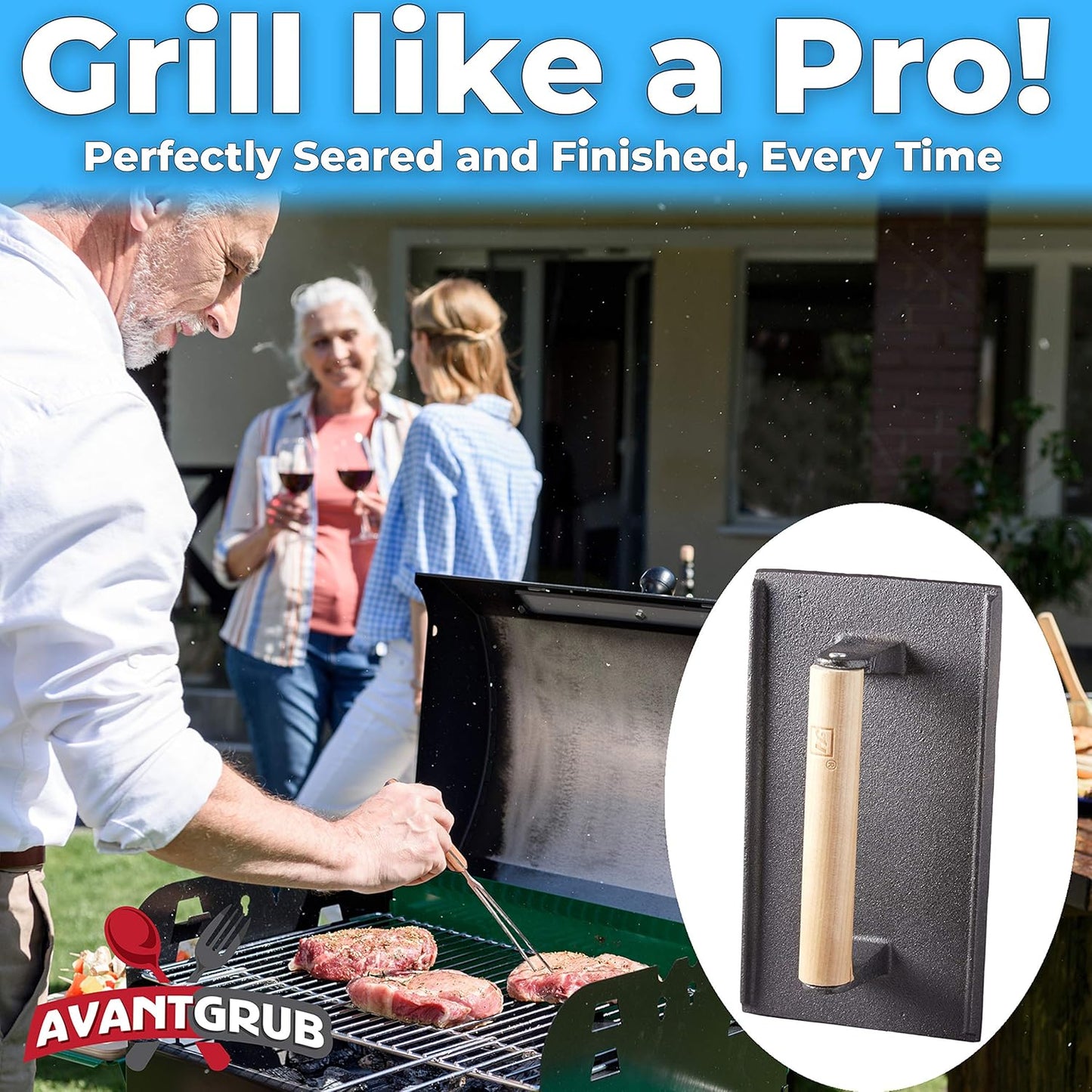 Pro Grade, Pre Seasoned Cast Iron Grill Weight 1Pk. Heavy Duty Steak and Burger Press with Wooden Handle for Grills, Griddles and Flattops. Perfect Gadget for Bacon, Paninis, Sandwiches and Vegetables