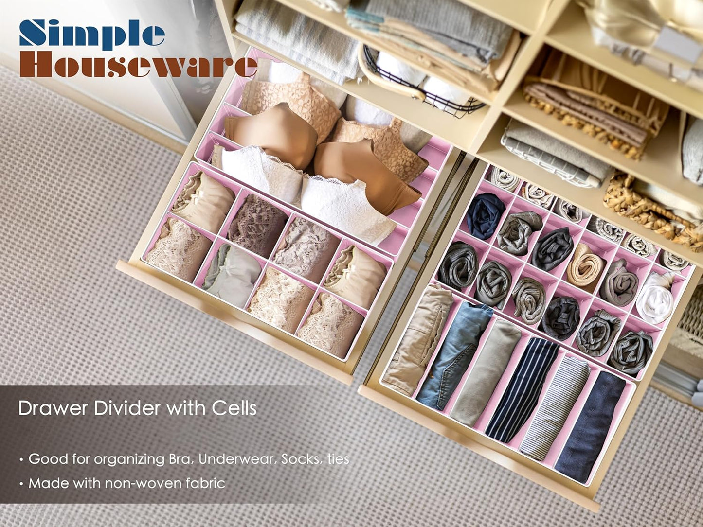 Simple Houseware 4-Pack Drawer Organizer Set - Closet Dividers for Underwear, Socks, Bras, Scarves, Ties - Foldable Non-Woven Storage Boxes, Pink