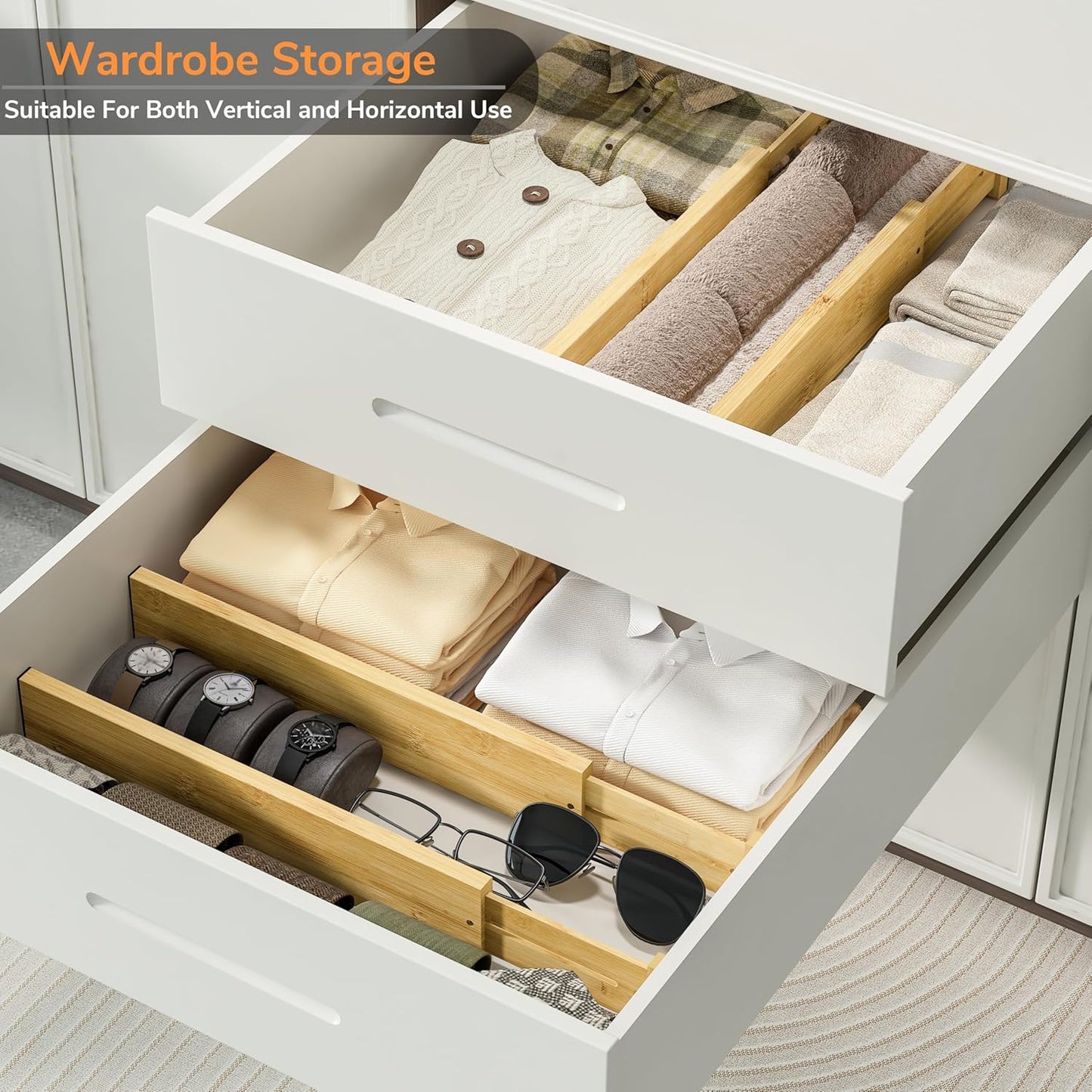 BAMEOS 3" H Large Bamboo Drawer Dividers Adjustable Drawer Organization Expandable Utensil Organizers for Kitchen Dresser Bathroom Bedroom and Office 4-pack