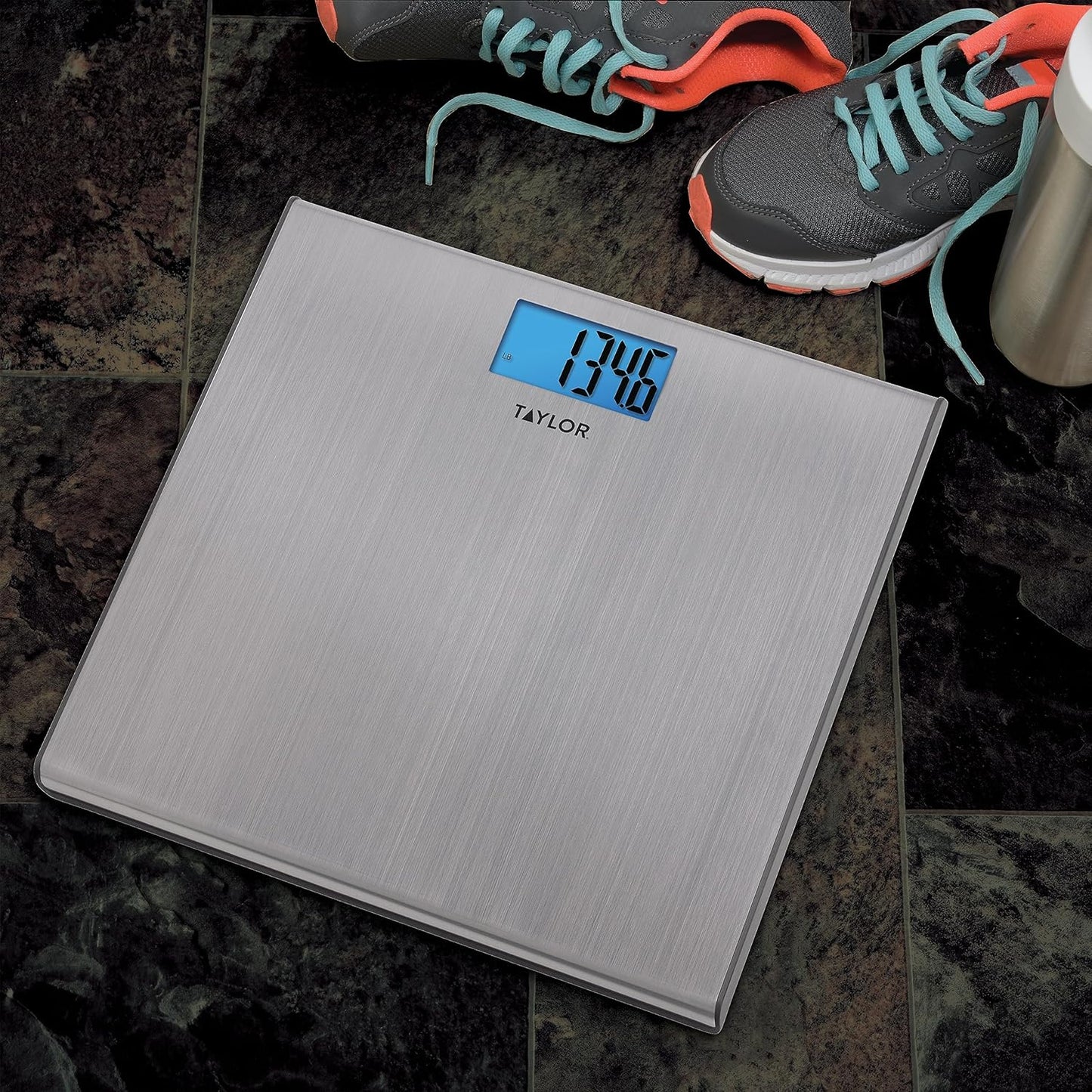 Taylor Digital Scales for Body Weight, Extra-High 440 lb Capacity, Thin Profile, Unique Blue LCD, Glass Platform, 12.2 x 12.2 Inches, Stainless Steel