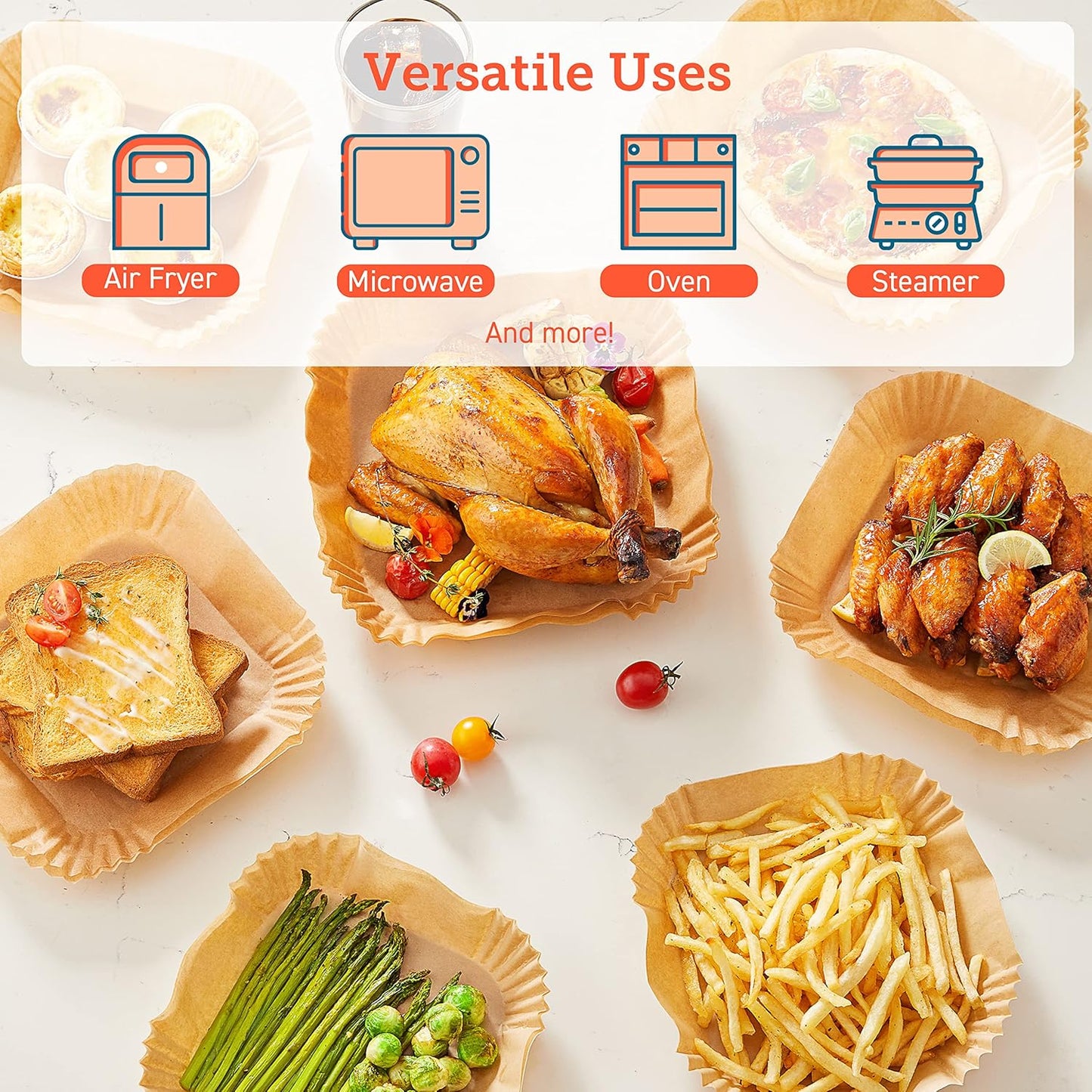 COSORI Air Fryer Liners, 100 PCS Square Disposable Paper Liners, Non-Stick Silicone Oil Coating, Little to No Cleaning, 7.9" Unbleached Food Grade, Resistant to 465°F, Thickened Not Easy to Break