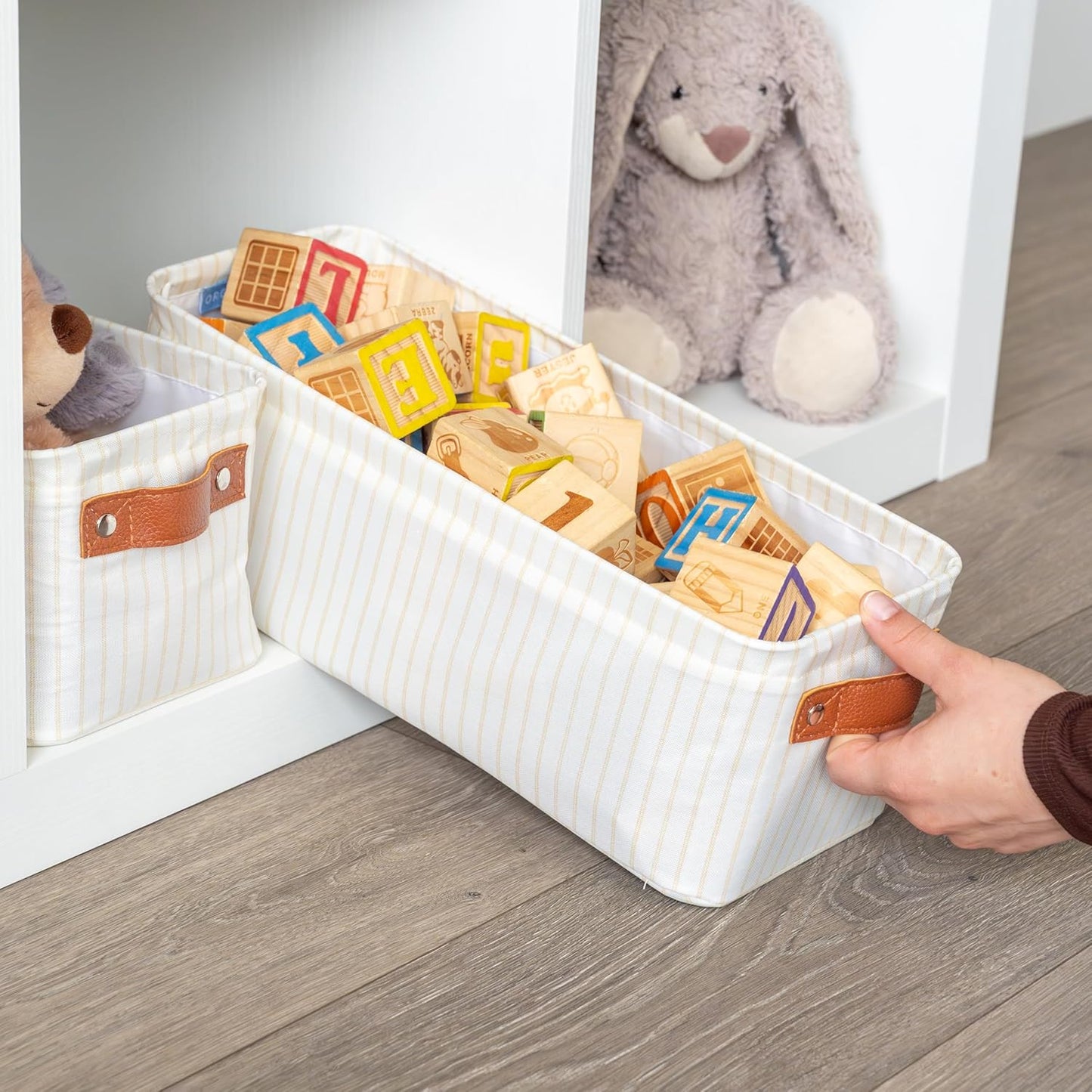 OrganiHaus Narrow Storage Bins 15x06in, Small Closet Bins for Shelves, Bathroom Storage Baskets, Narrow Baskets, Fabric Organizer with Handles, Toilet Paper Organizer - 2 Pack, White w/Brown Stripes