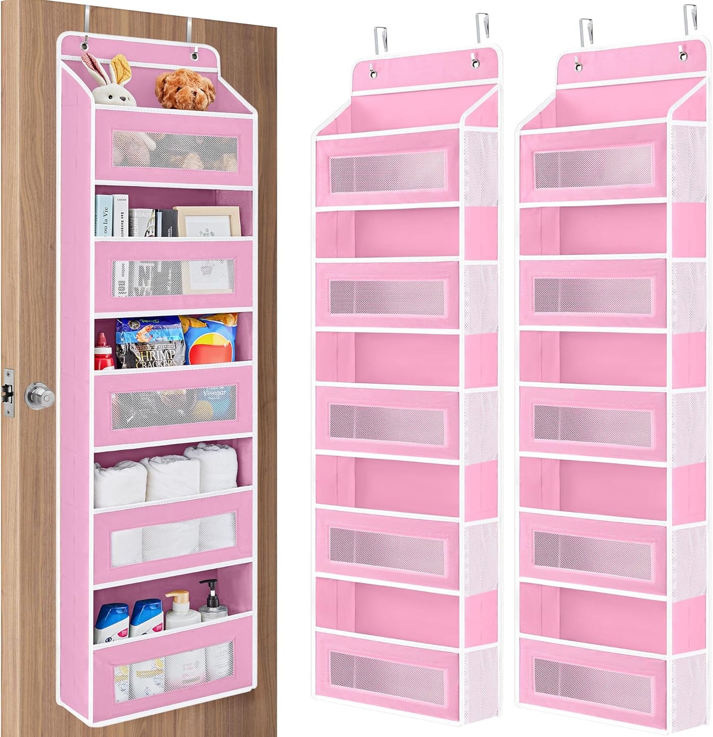 JARLINK 2 Pack Over The Door Organizer Storage, 5 Shelf Hanging Door Organizer with 5 Large Capacity Pockets, Anti Tilt 44 lb Load Behind Door Storage for Bedroom, Bathroom, Pantry, Nursery, (Pink)