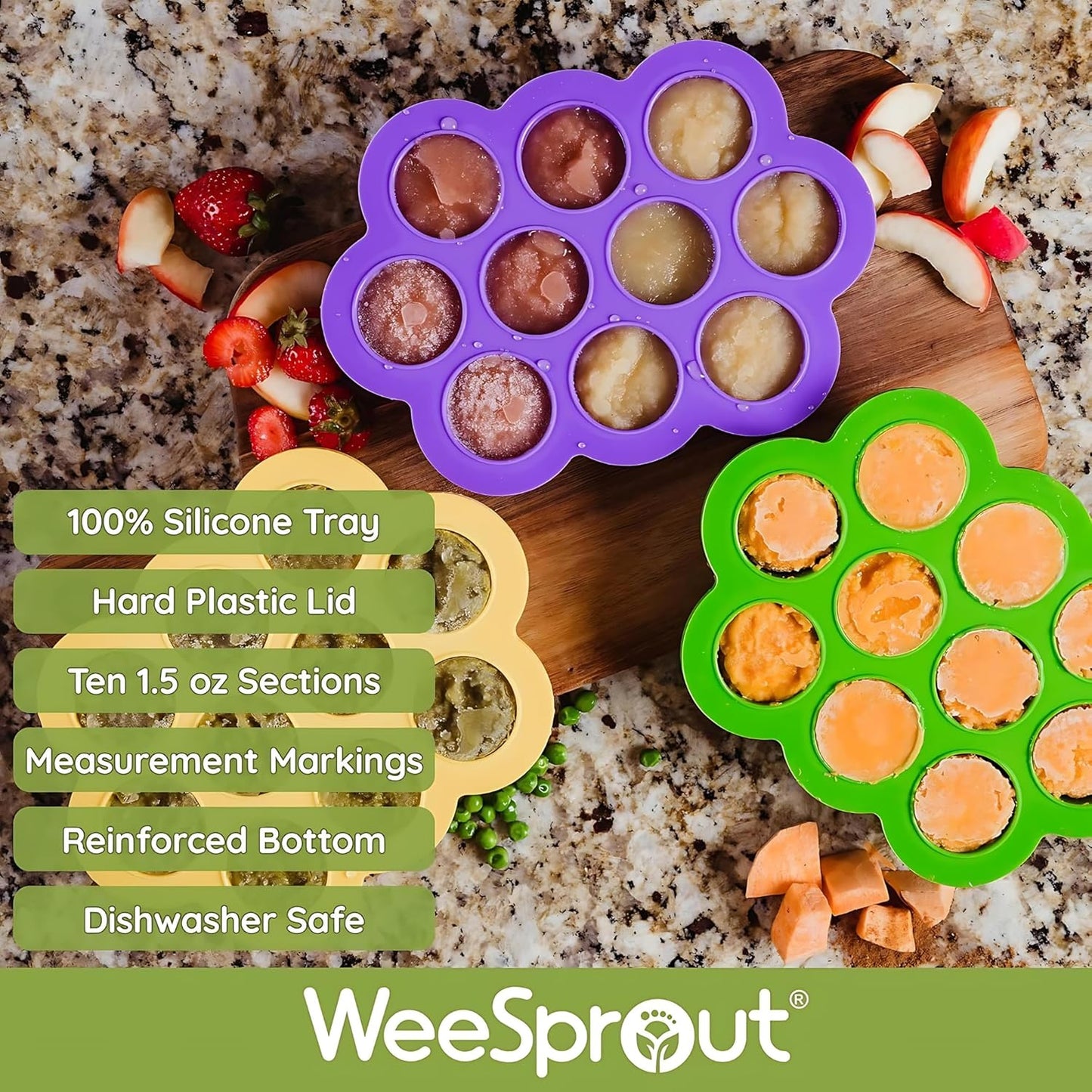 WeeSprout Silicone Baby Food Freezer Tray with Clip-on Lid - Perfect Storage Container for Homemade Baby Food, Vegetable & Fruit Purees, and Breast Milk