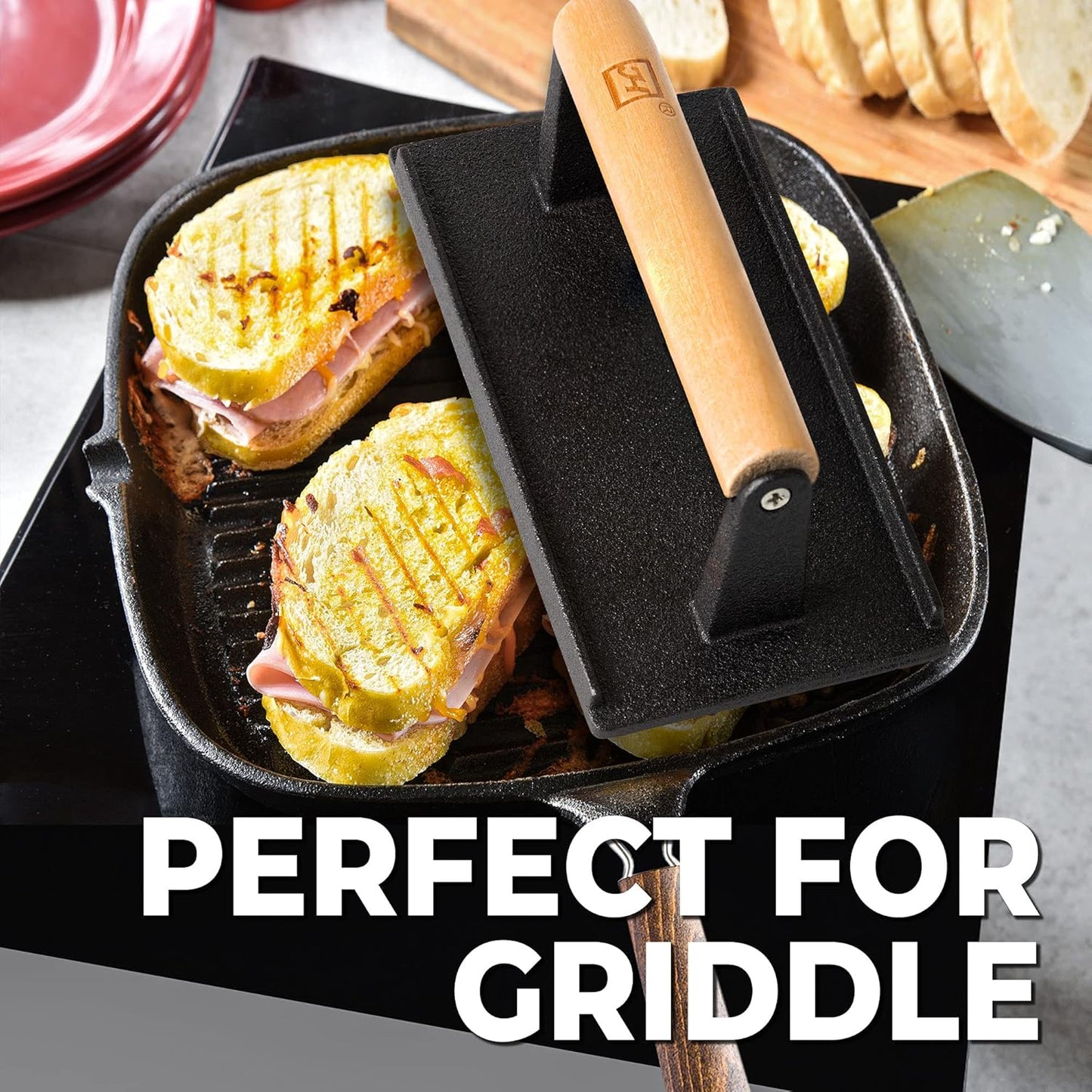 Cast Iron Grill Press (Set of 2) - 8 x 4 Inch, 2.6 lb Griddle Press with Cool-Touch Wood Handle - Pre-seasoned for Steak, Burgers, Sandwiches, and Paninis – Non-Stick Grill Weight