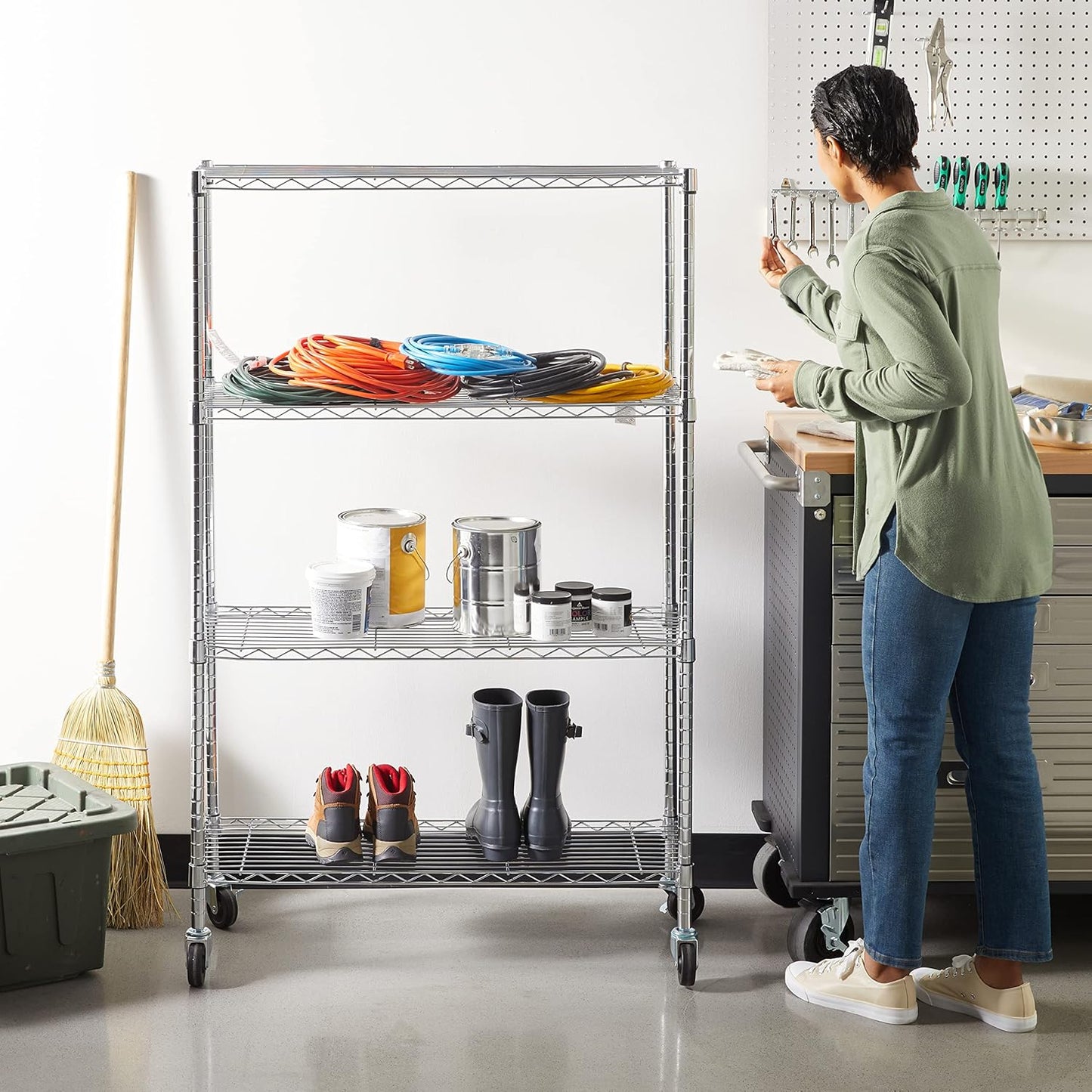 Amazon Basics 4-Shelf Adjustable, Heavy Duty Storage Shelving Unit with Wheels for Easy Assembly, for Garage or Kitchen Use, Metal Organizer Wire Rack, 36" L x 14" W x 57.8" H, Chrome