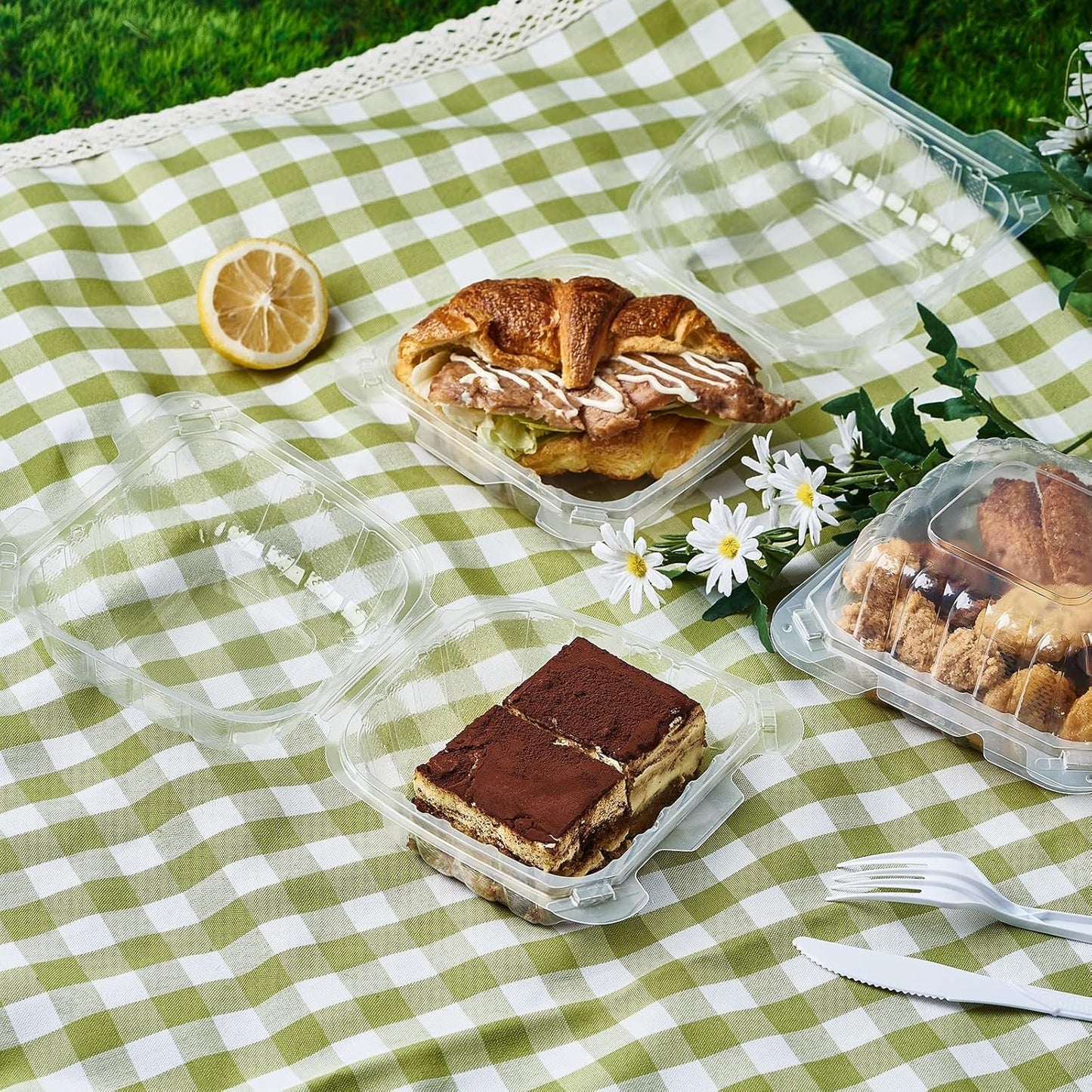 FULING 100 Count Clear Plastic Hinged Food Take Out To-Go Clamshell Containers, 6" W Disposable Takeout Tray for Dessert, Cakes, Cookies, Salads, Pasta, Sandwiches