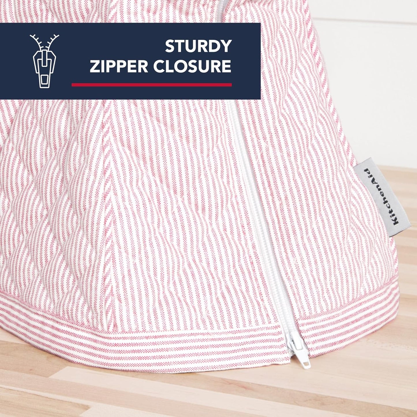 KITCHENAID Fitted Tilt-Head Stand Mixer Cover with Storage Pocket, Quilted 100% Cotton,14.4"x18"x10", Ticking Stripe Hibiscus Pink