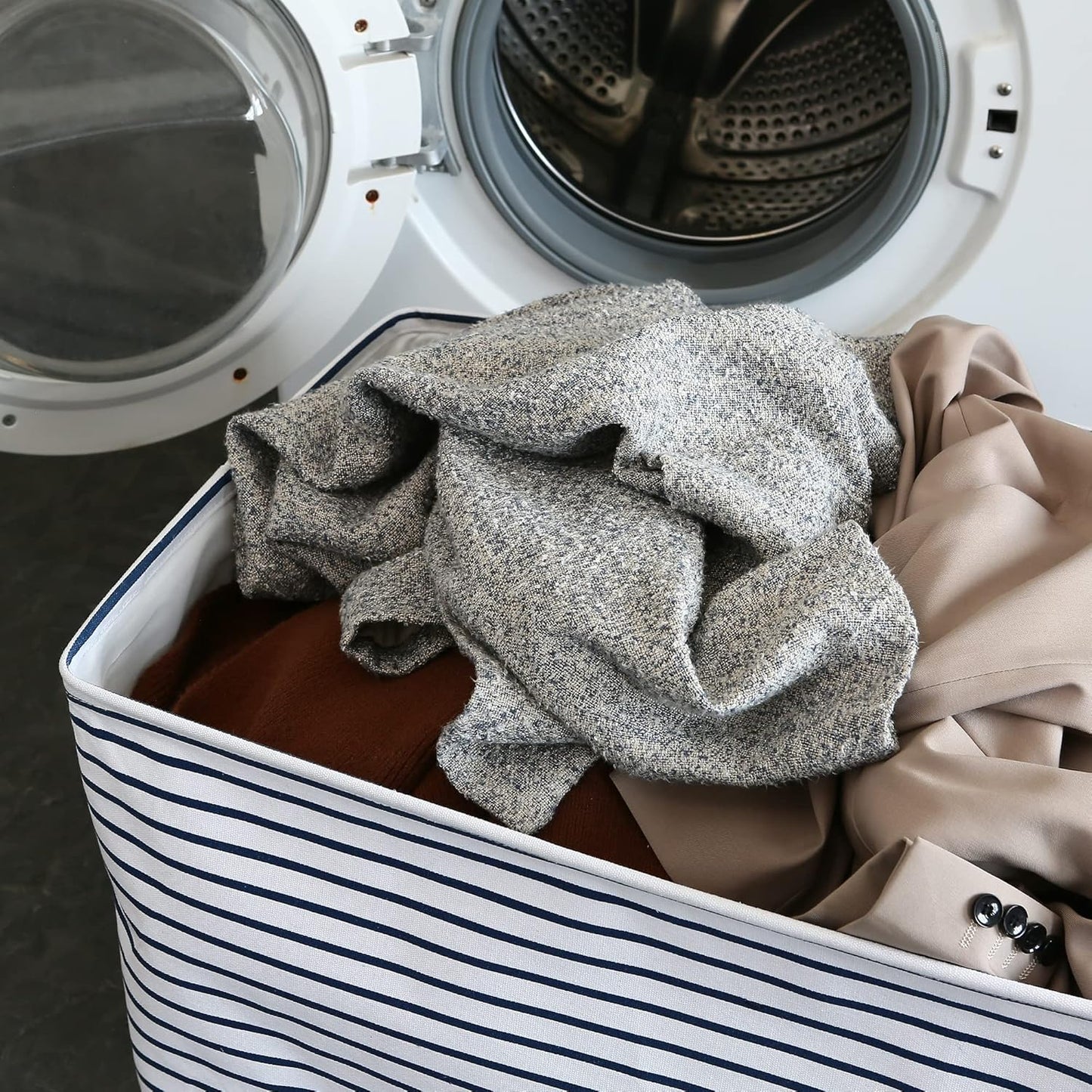 Hinwo 102L XXL Storage Bins, 2-Pack Closet Organizers and Storage, Foldable Clothes Storage Baskets with Handles, Containers for Clothing, Blanket, Comforters, Toys, Bedding (Navy Stripe)