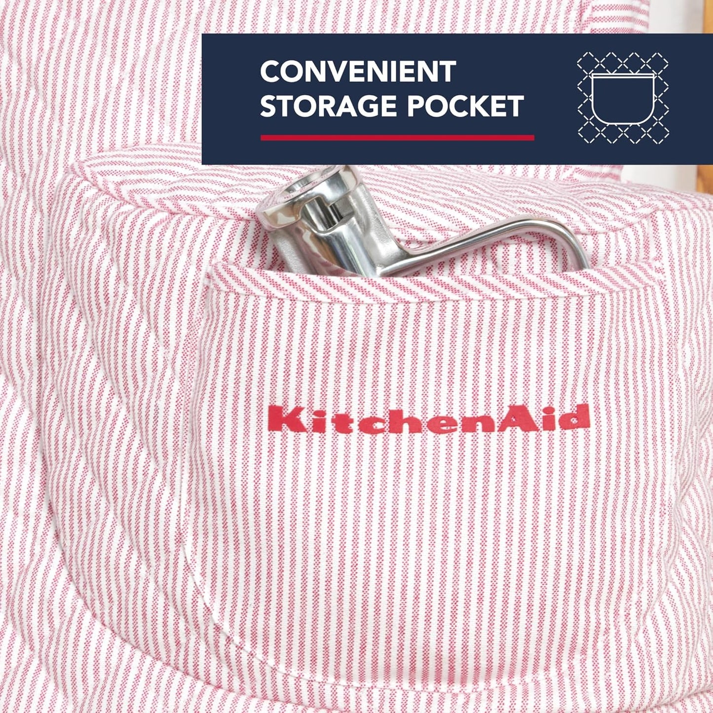 KITCHENAID Fitted Tilt-Head Stand Mixer Cover with Storage Pocket, Quilted 100% Cotton,14.4"x18"x10", Ticking Stripe Hibiscus Pink