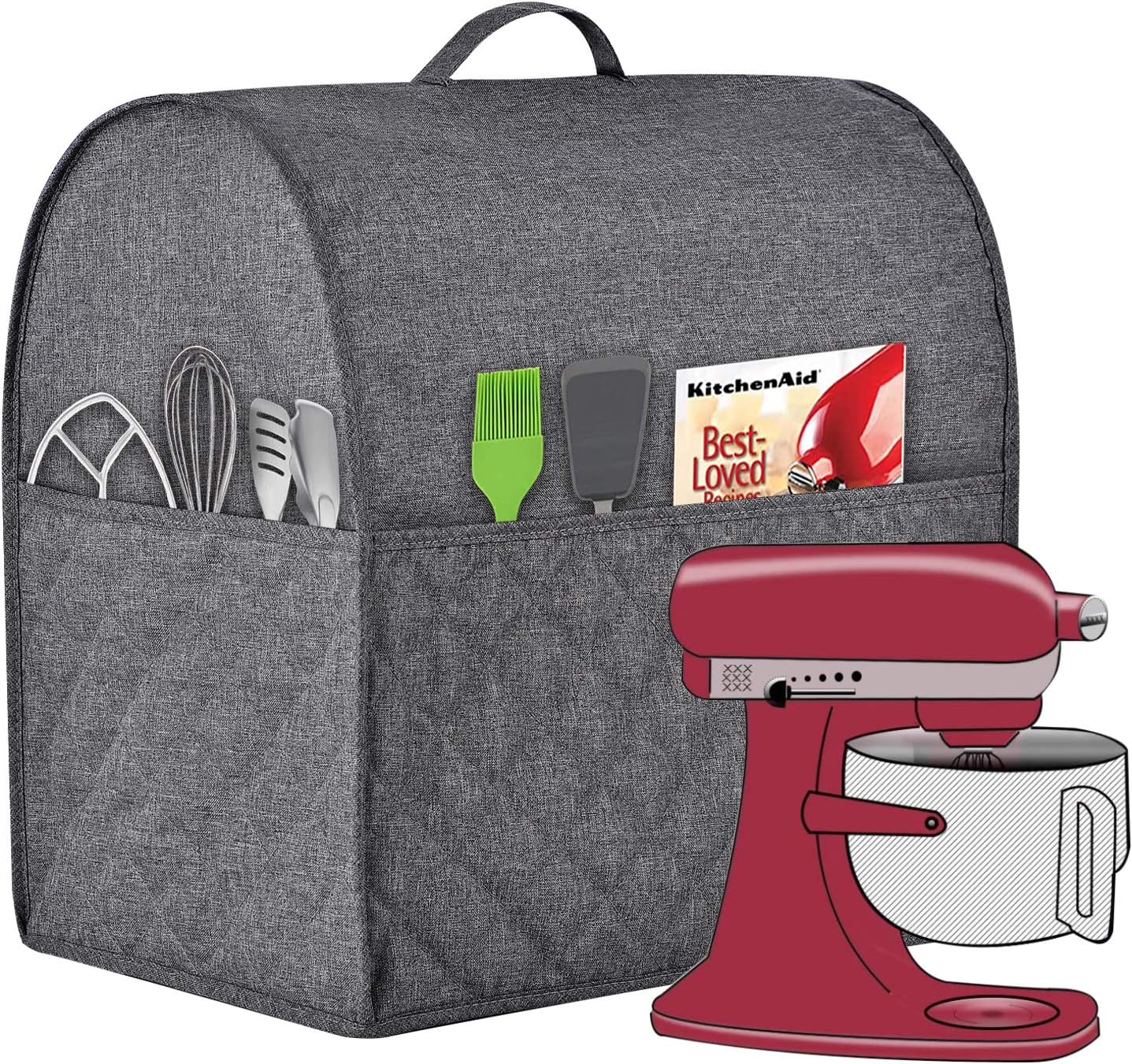Stand Mixer Dust-proof Cover for KitchenAid Mixer，Multi Pockets for Various Kitchen Appliance Accessories，Water-resistant，Easy Cleaning (Grey, Fit for Tilt Head 4.5-5 Quart)