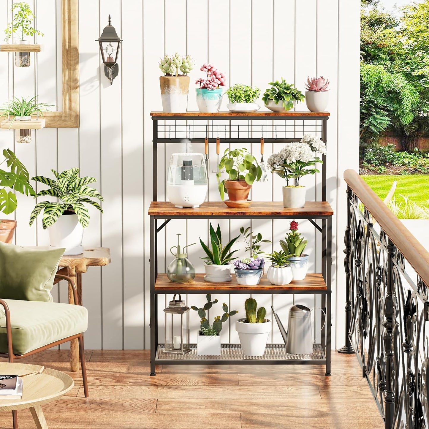 Furologee Kitchen Bakers Rack with Hutch,Coffee Stand with Storage 4 Tiers,Coffee Bar Station with a 31.5 Inch Larger Desktop and 8 S Hooks,Kitchen Microwave Rack for Spices,Pots,Rustic Brown