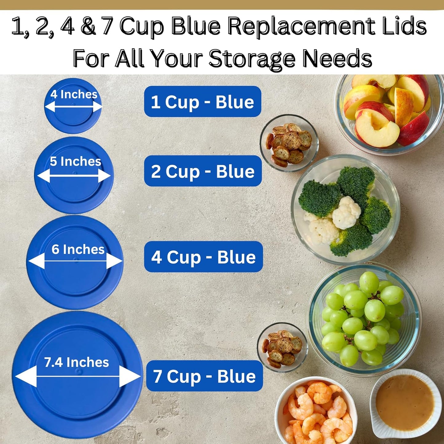 1, 2, 4 & 7 Cup Blue Replacement Lids/Covers for Pyrex, Anchor Hocking & KlareWare Storage Bowls *Lids Only Glass Container Not Included* (4 Pack *One of Each Size*)