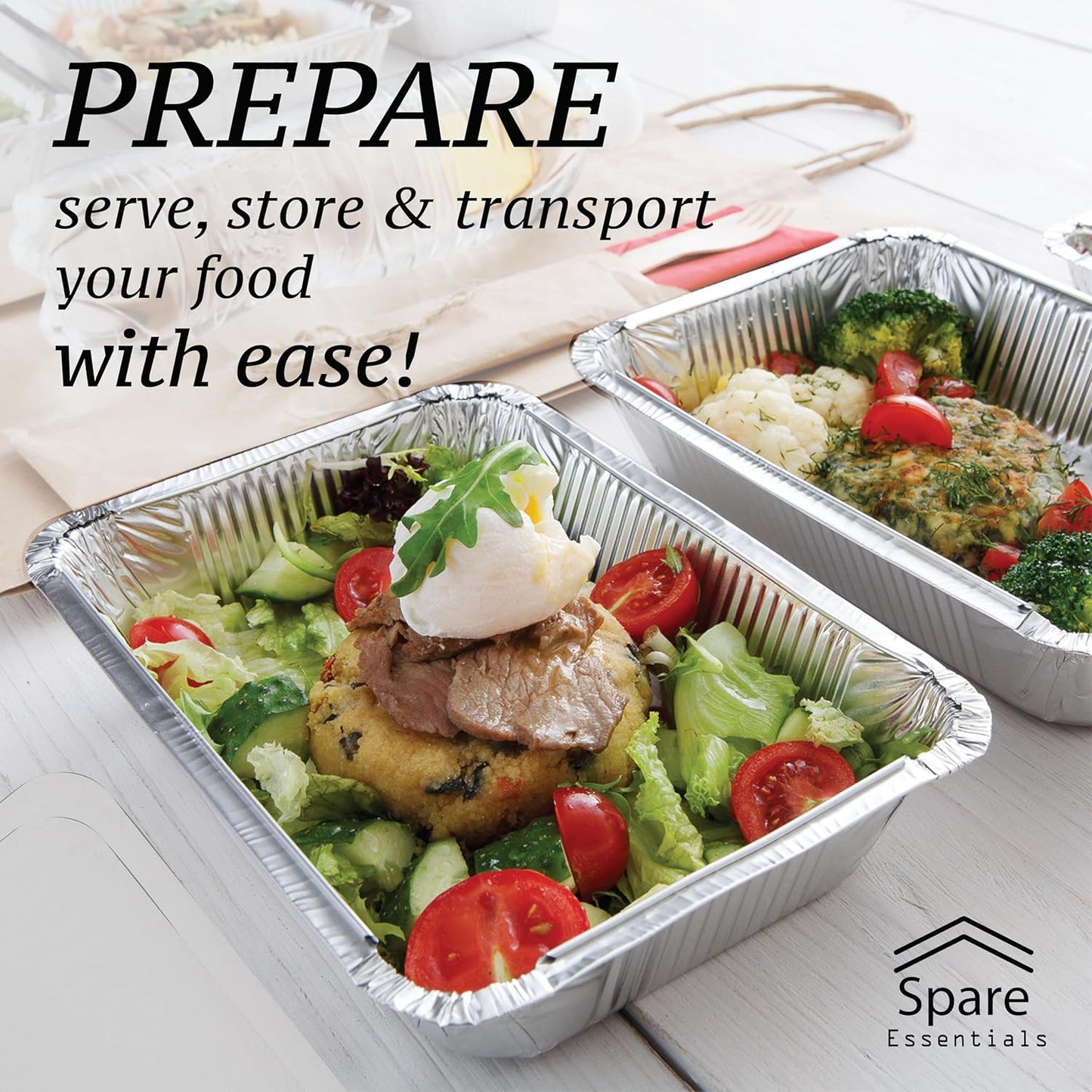 Spare Essentials 55 Pack - 2.25 LB To Go Aluminum Containers with Lids - Heat Proof Foil Tins for Meal Prep, Take Out, Freezer Meals
