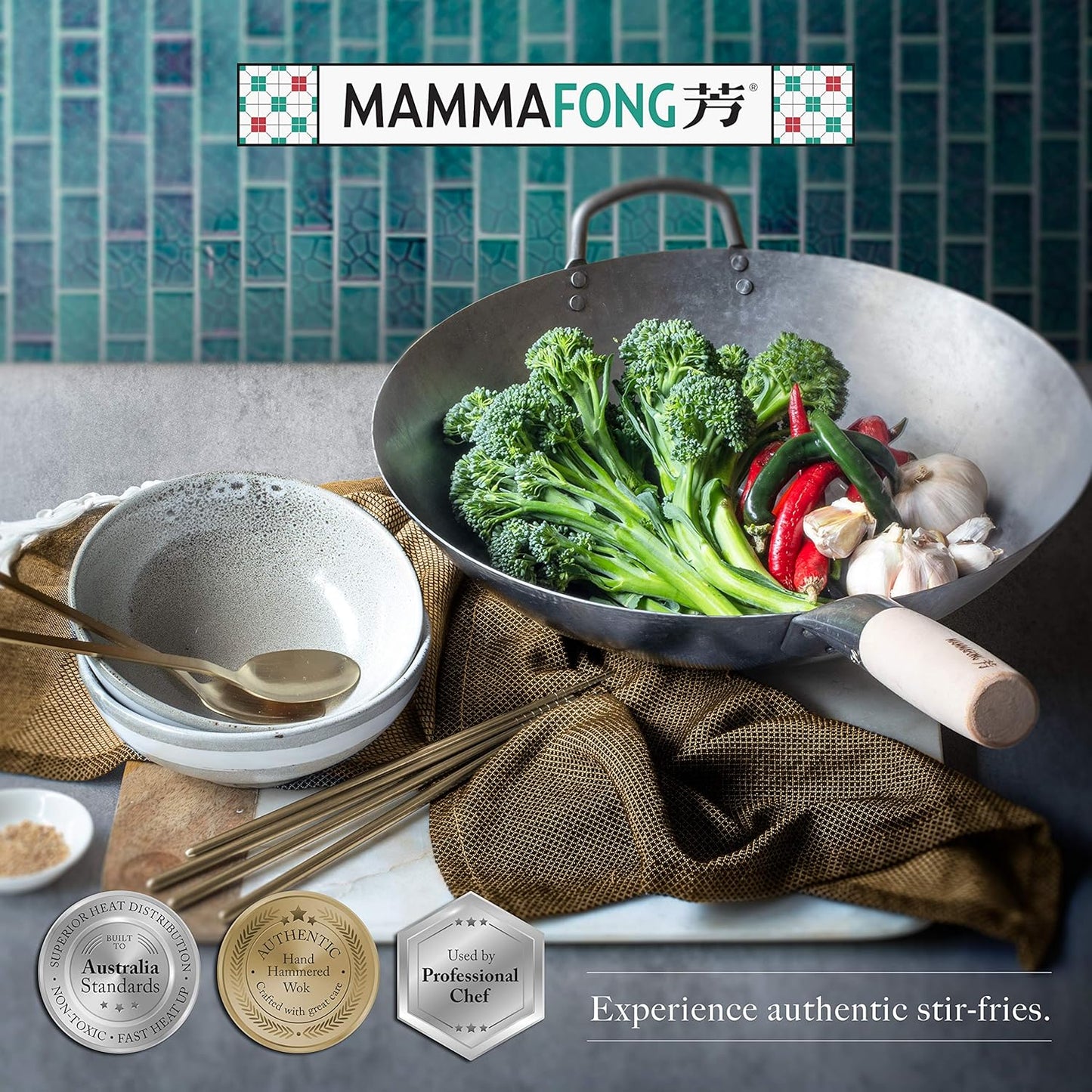 Mammafong Flat Bottom Carbon Steel Wok Pan - Authentic Hand Hammered Woks and Stir Fry Pans - 14" Pow Wok