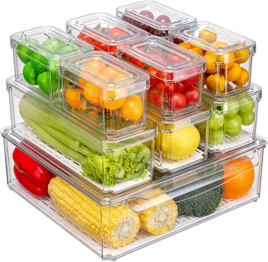 10-Pack Fridge Organizer – Stackable Refrigerator Storage Bins with Lids – BPA-Free Clear Fruit Storage Containers for Vegetables, Food & Drinks