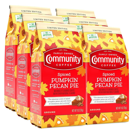 Community Coffee Spiced Pumpkin Pecan Pie Flavored Ground Coffee, Limited Edition, Medium Roast, 11 oz Bag (Pack of 6)