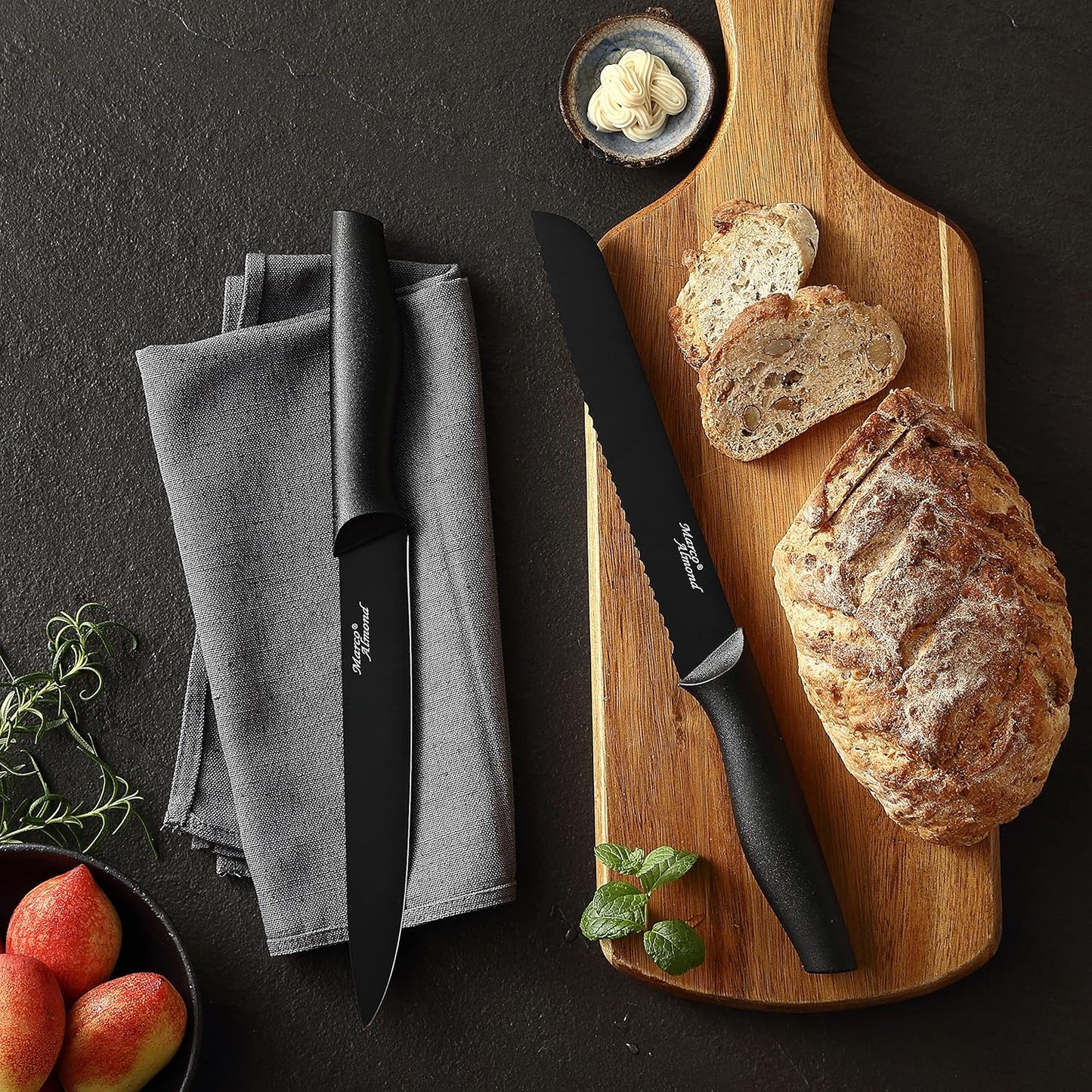 Kitchen Knife Set, KYA38 12-Piece Kitchen Knives Set with Covers, Marco Almond® 6 Knives with 6 Blade Guards, Stainless Steel Cooking Knives Set for Kitchen, Black